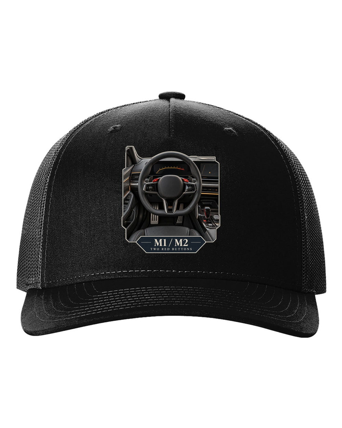 BMW M5 G90 cockpit and gauge cluster print on a tee black hat front view with the design