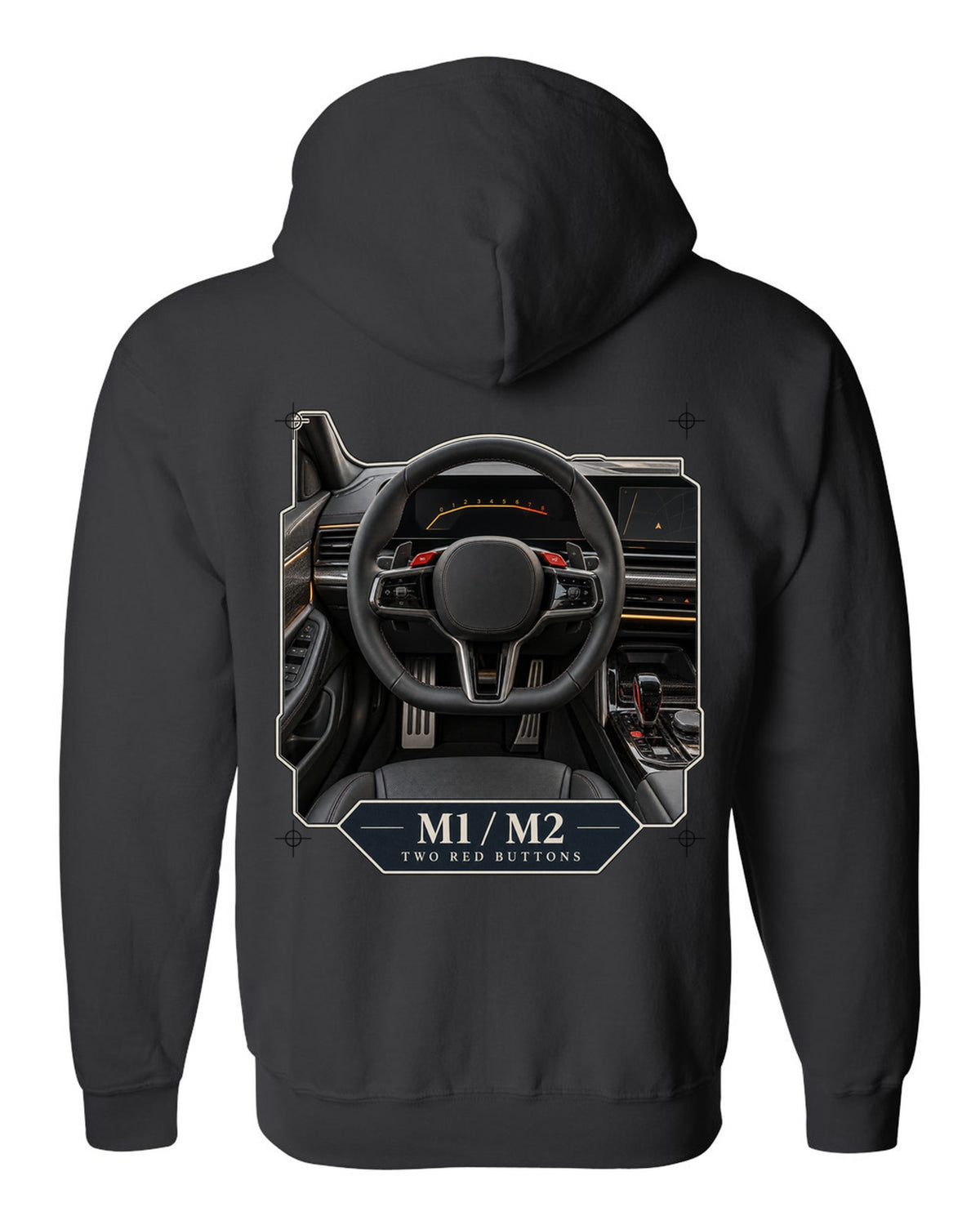 BMW M5 G90 cockpit and gauge cluster print on a tee black zip hoodie back view with the design