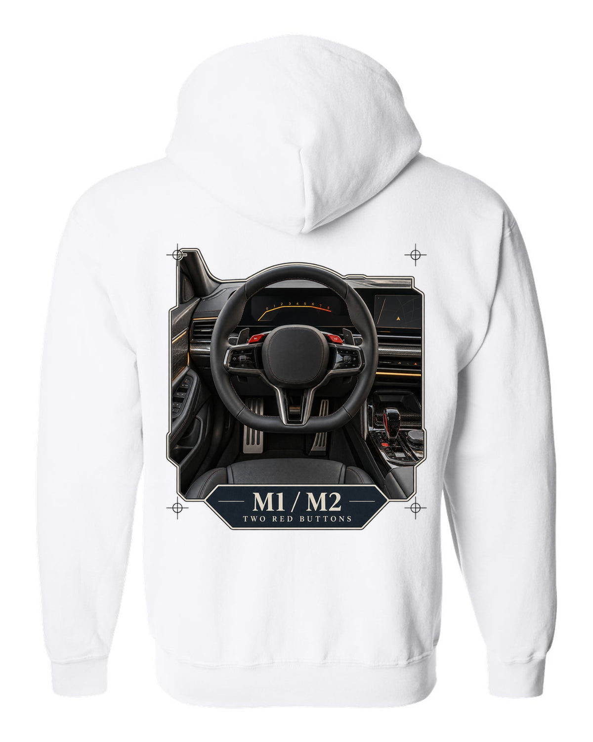 BMW M5 G90 cockpit and gauge cluster print on a tee white zip hoodie back view with the design