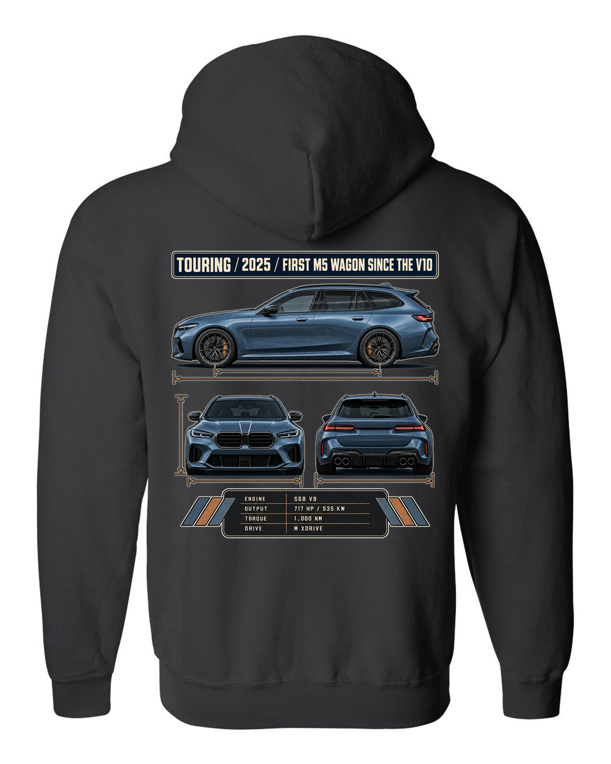 BMW M5 G90 Touring three-view drawing with spec table and first M5 wagon since the V10 text black zip hoodie back view with the design