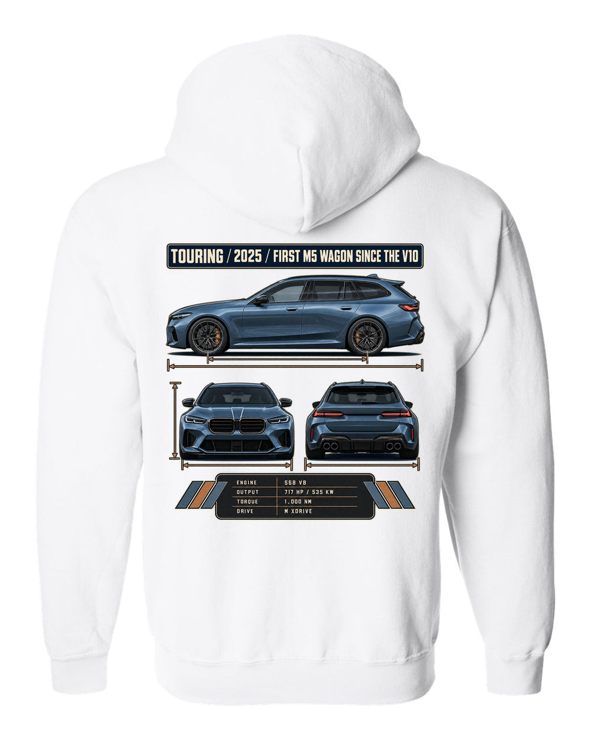 BMW M5 G90 Touring three-view drawing with spec table and first M5 wagon since the V10 text white zip hoodie back view with the design
