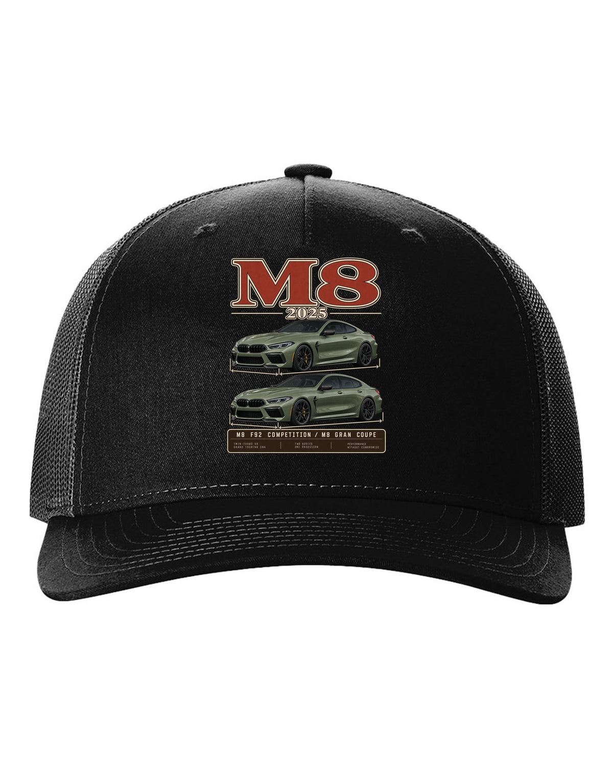 BMW M5 Touring 2025 archive panel print on a tee black hat front view with the design