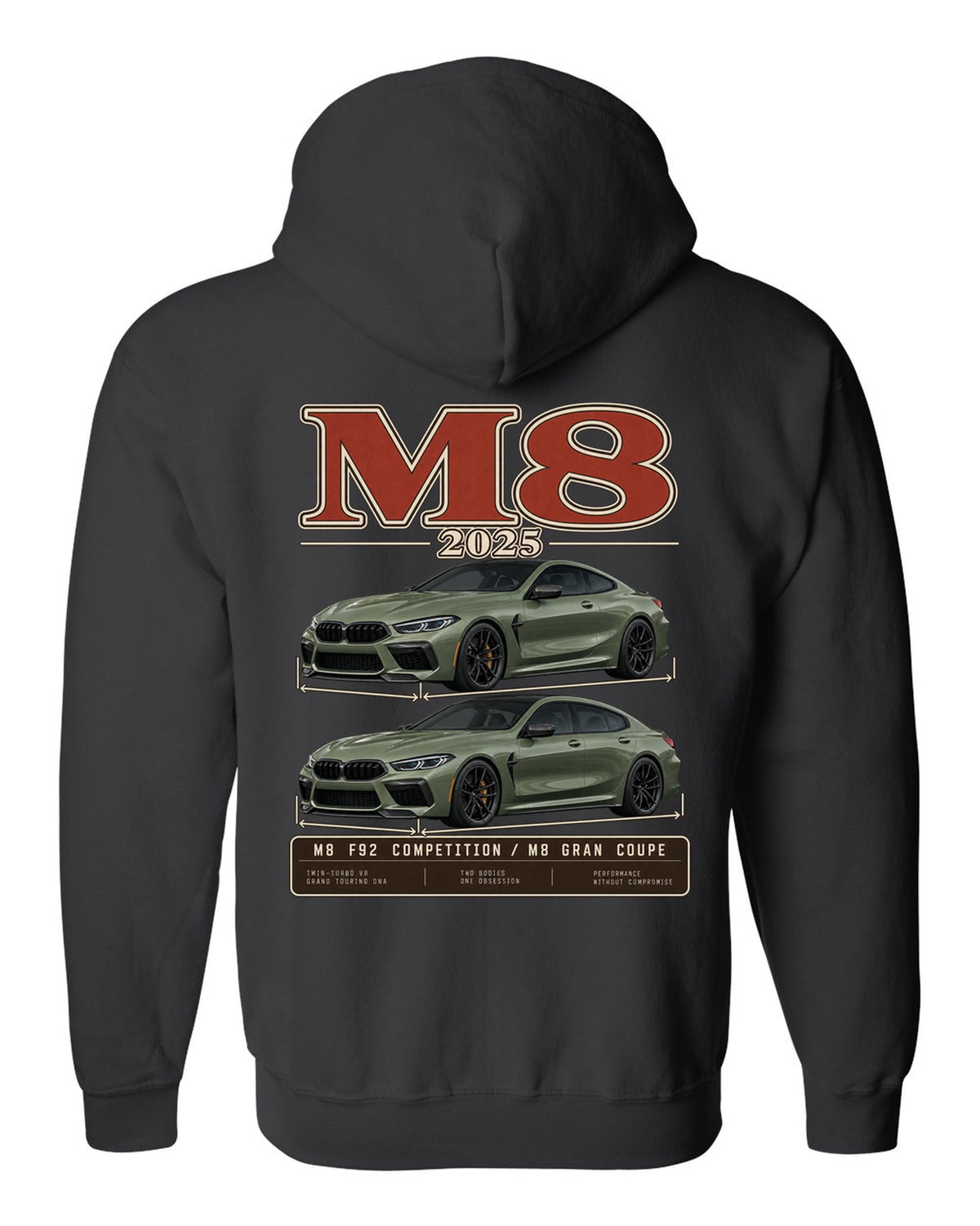 BMW M5 Touring 2025 archive panel print on a tee black zip hoodie back view with the design