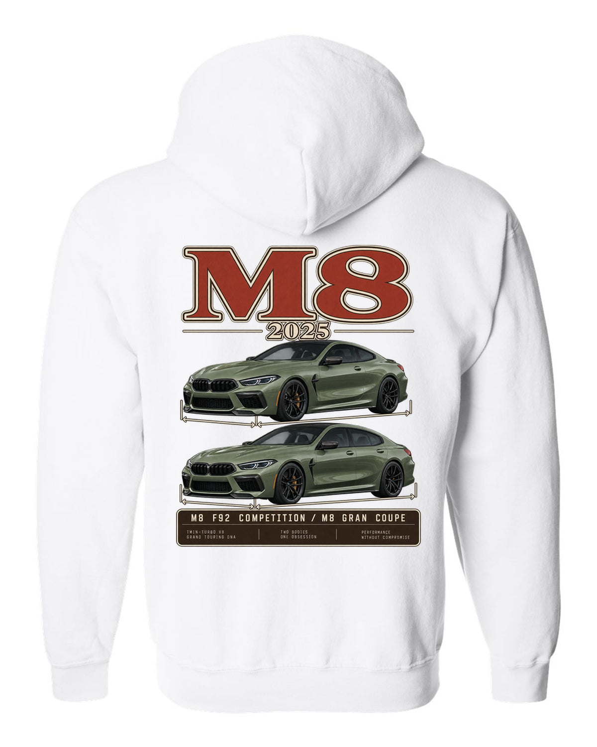 BMW M5 Touring 2025 archive panel print on a tee white zip hoodie back view with the design