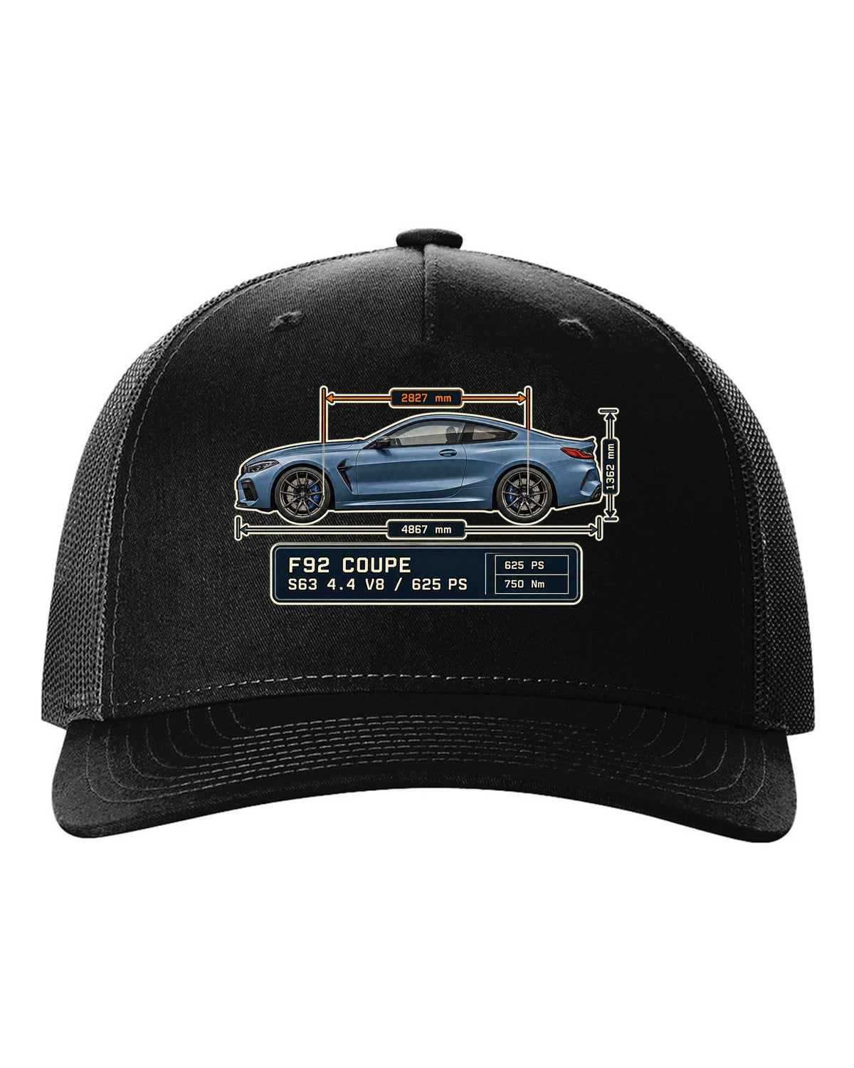 BMW M8 Competition Coupe F92 dimension blueprint print on a tee black hat front view with the design