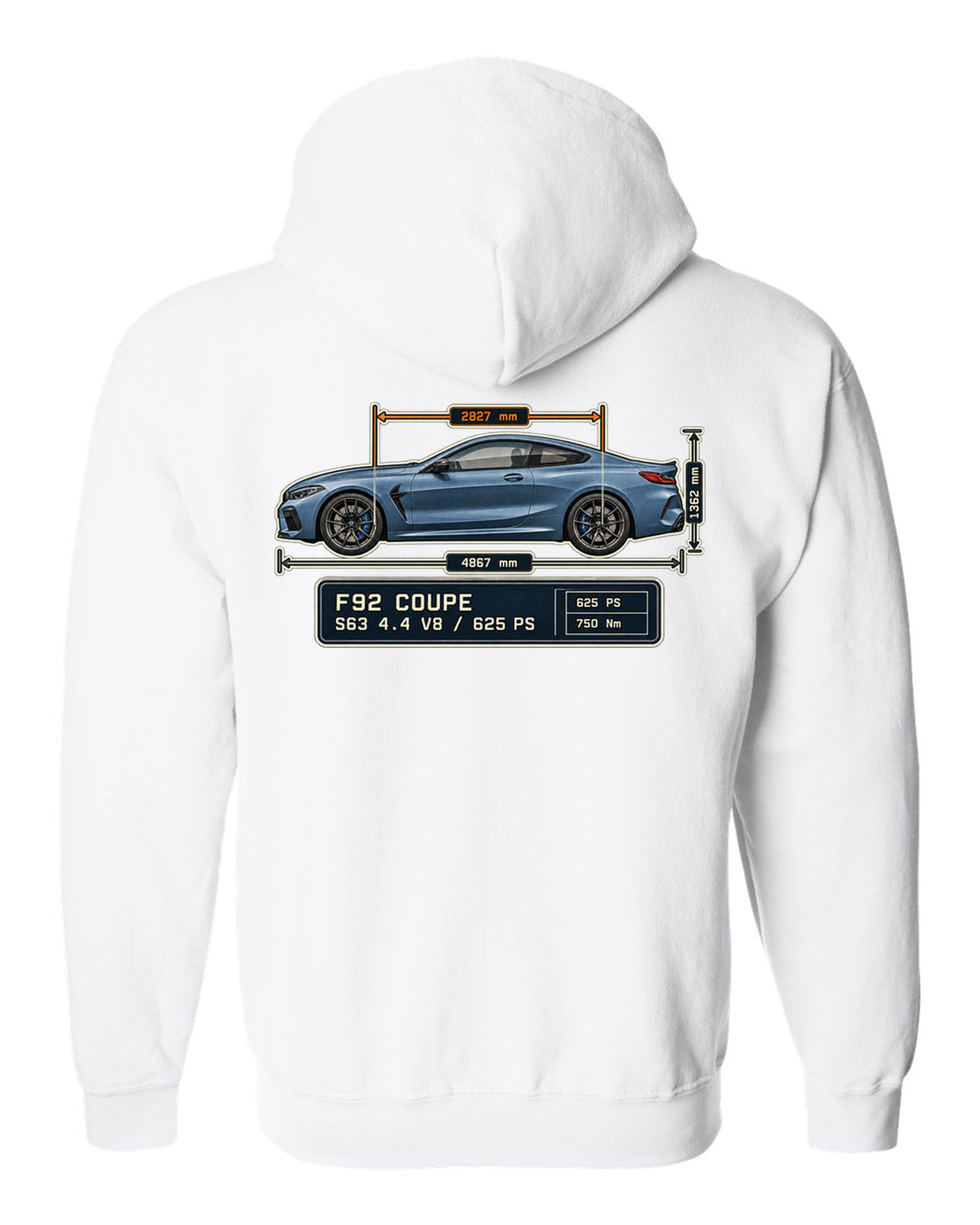 BMW M8 Competition Coupe F92 dimension blueprint print on a tee white zip hoodie back view with the design