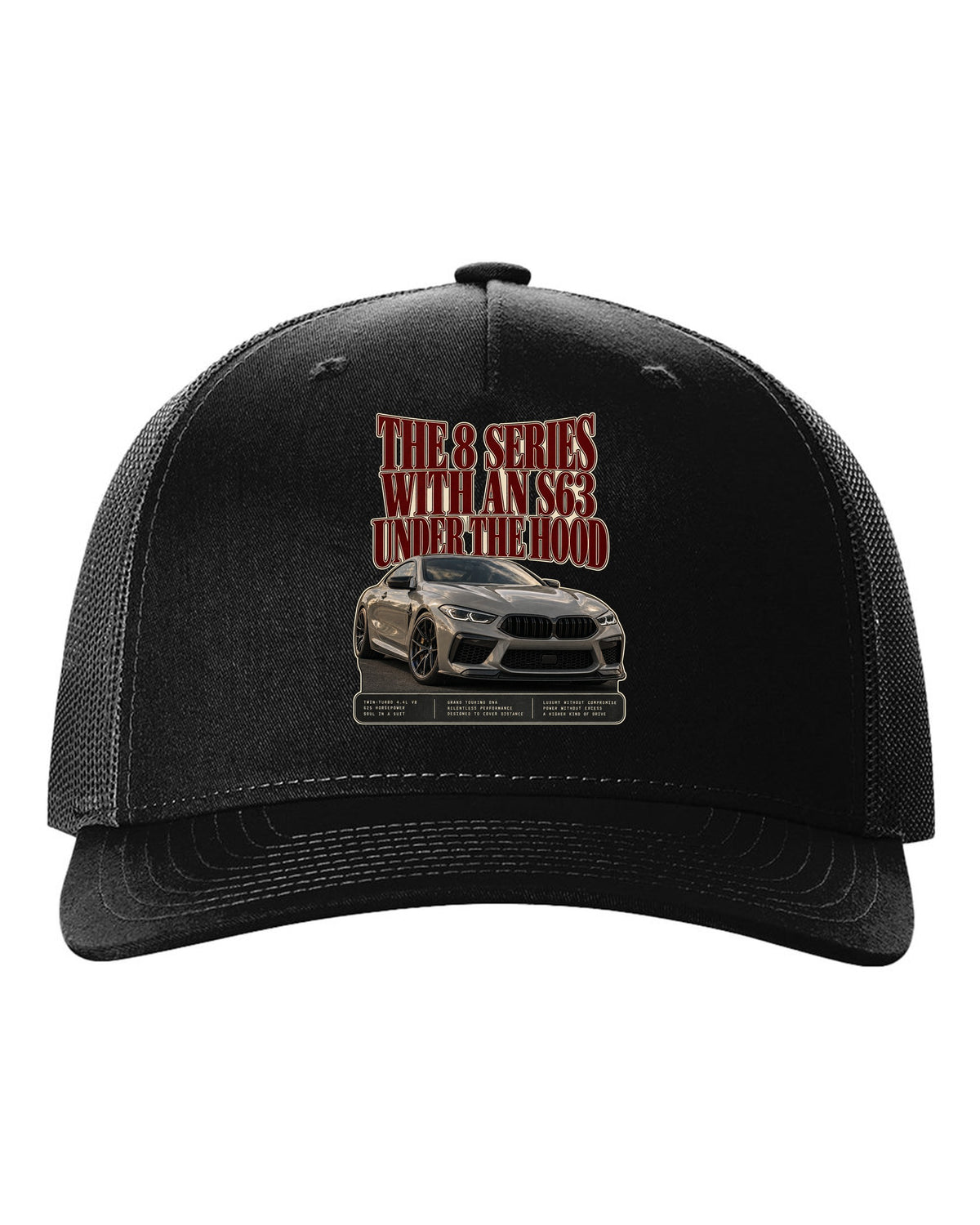 BMW M8 Competition Coupe F92 editorial headline print on a tee black hat front view with the design