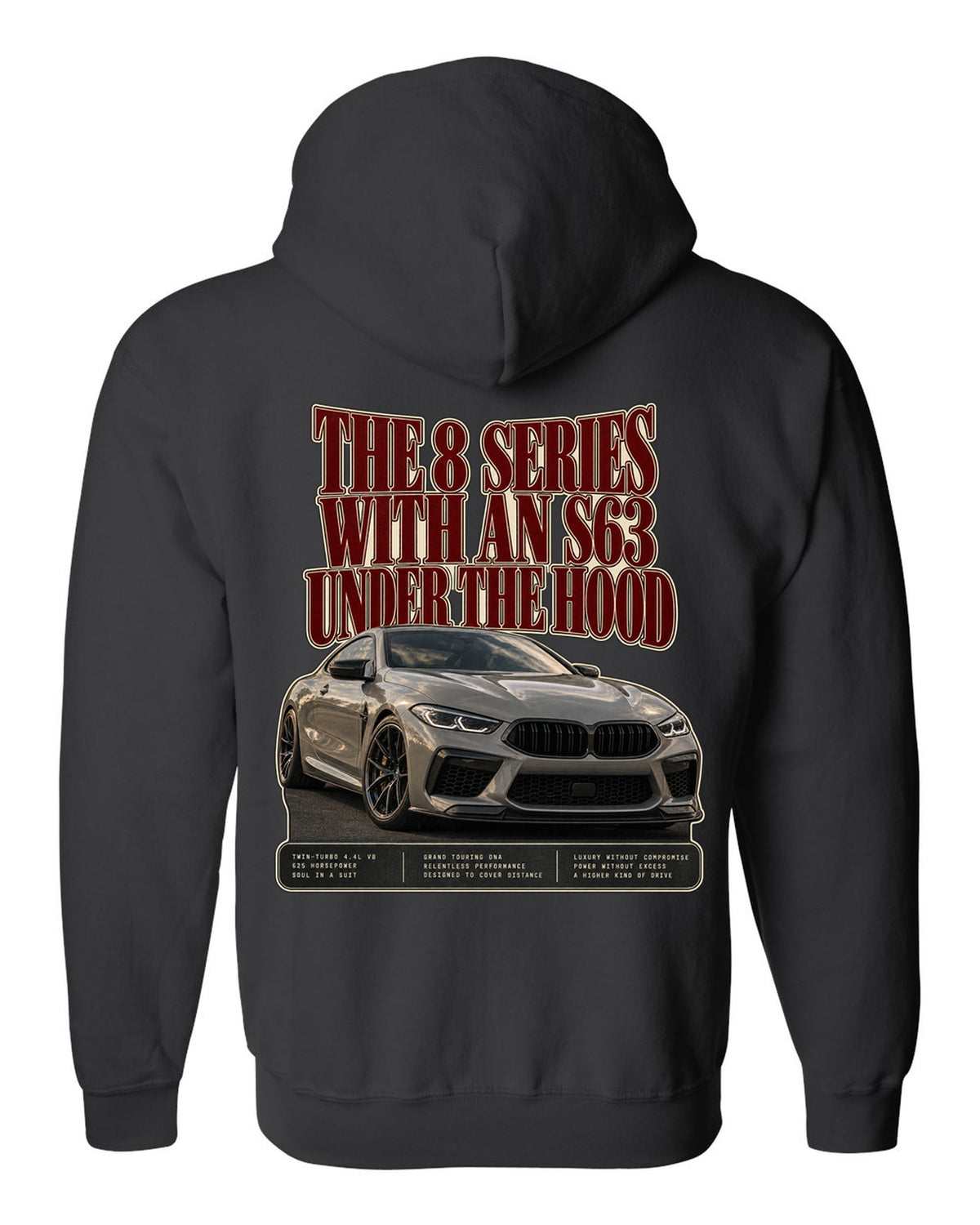 BMW M8 Competition Coupe F92 editorial headline print on a tee black zip hoodie back view with the design