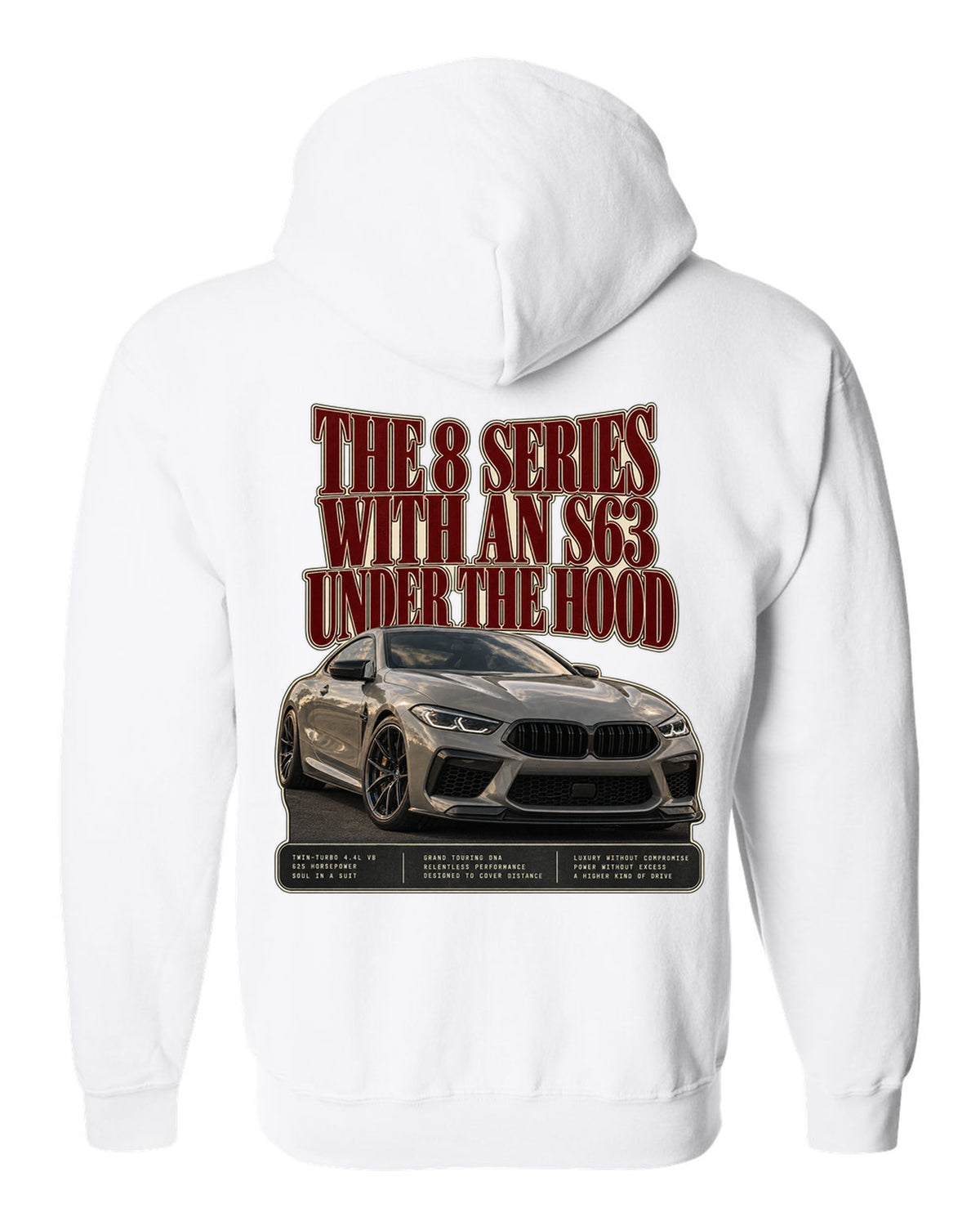 BMW M8 Competition Coupe F92 editorial headline print on a tee white zip hoodie back view with the design
