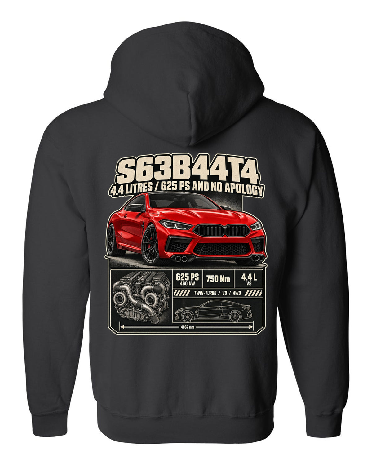 BMW M8 Competition Coupe F92 spec poster print on a tee black zip hoodie back view with the design