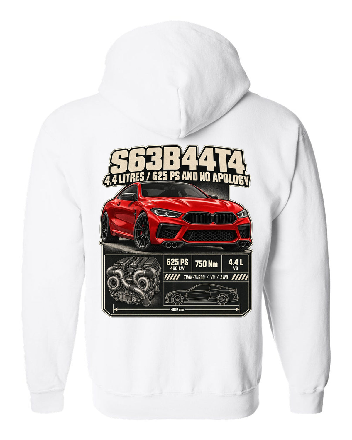 BMW M8 Competition Coupe F92 spec poster print on a tee white zip hoodie back view with the design