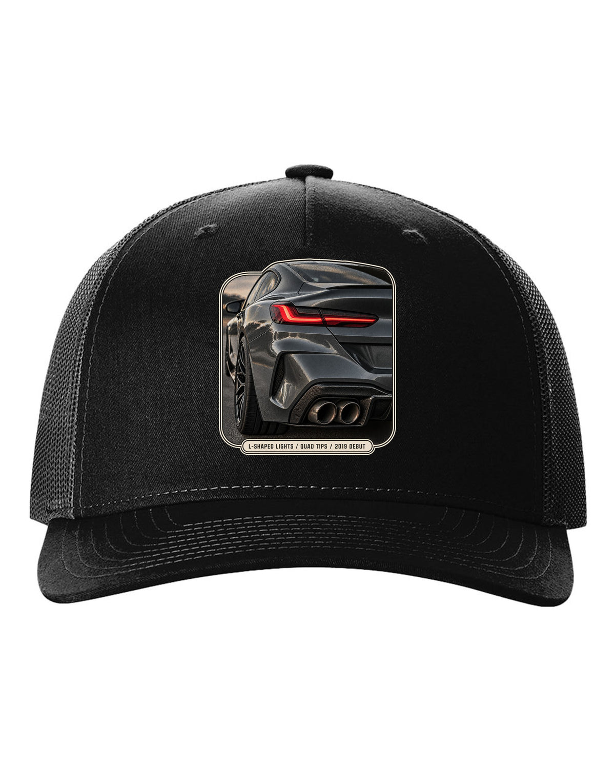 BMW M8 Competition F92 taillight detail macro print on a tee black hat front view with the design