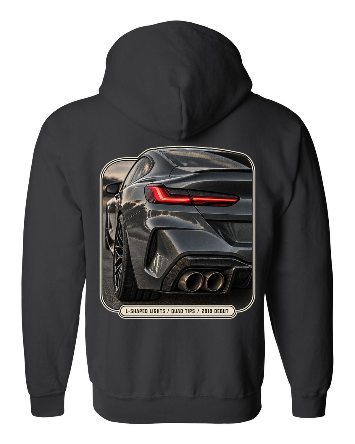 BMW M8 Competition F92 taillight detail macro print on a tee black zip hoodie back view with the design