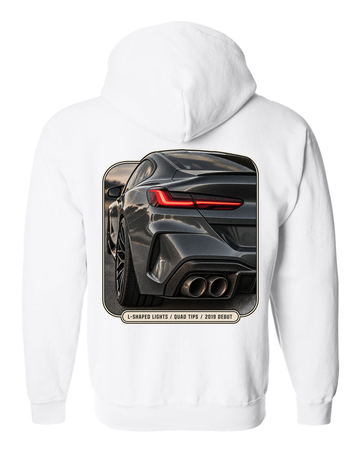 BMW M8 Competition F92 taillight detail macro print on a tee white zip hoodie back view with the design