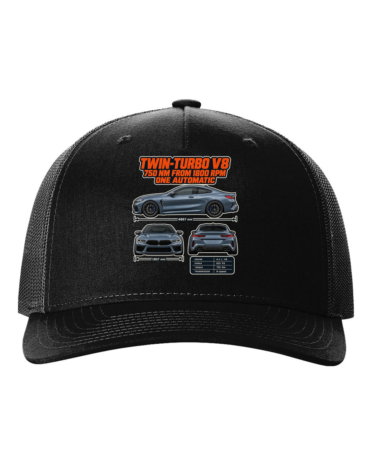 BMW M8 Competition Coupe F92 three-view and spec table print on a tee black hat front view with the design