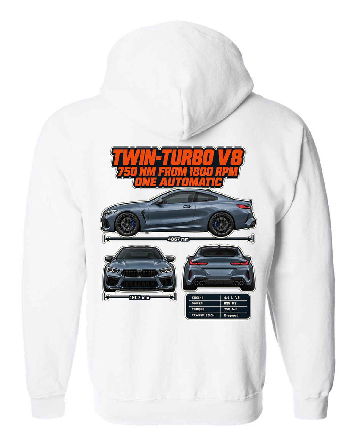 BMW M8 Competition Coupe F92 three-view and spec table print on a tee white zip hoodie back view with the design