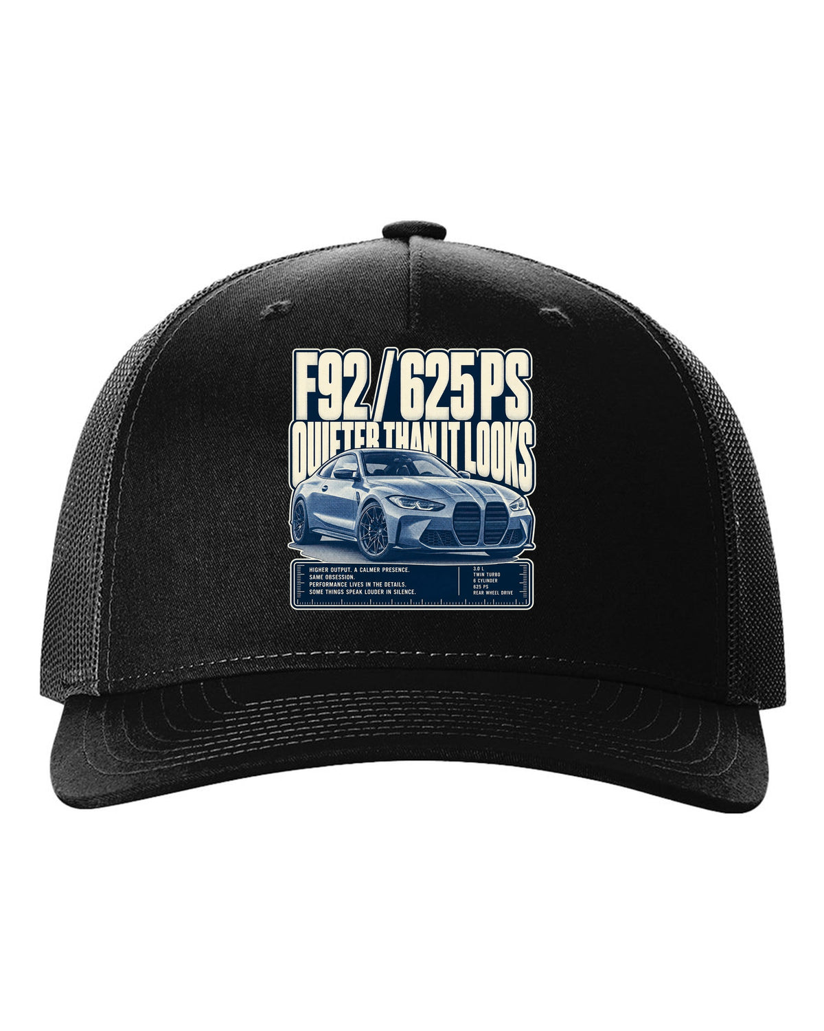 BMW M8 Competition F92 halftone statement print on a tee black hat front view with the design