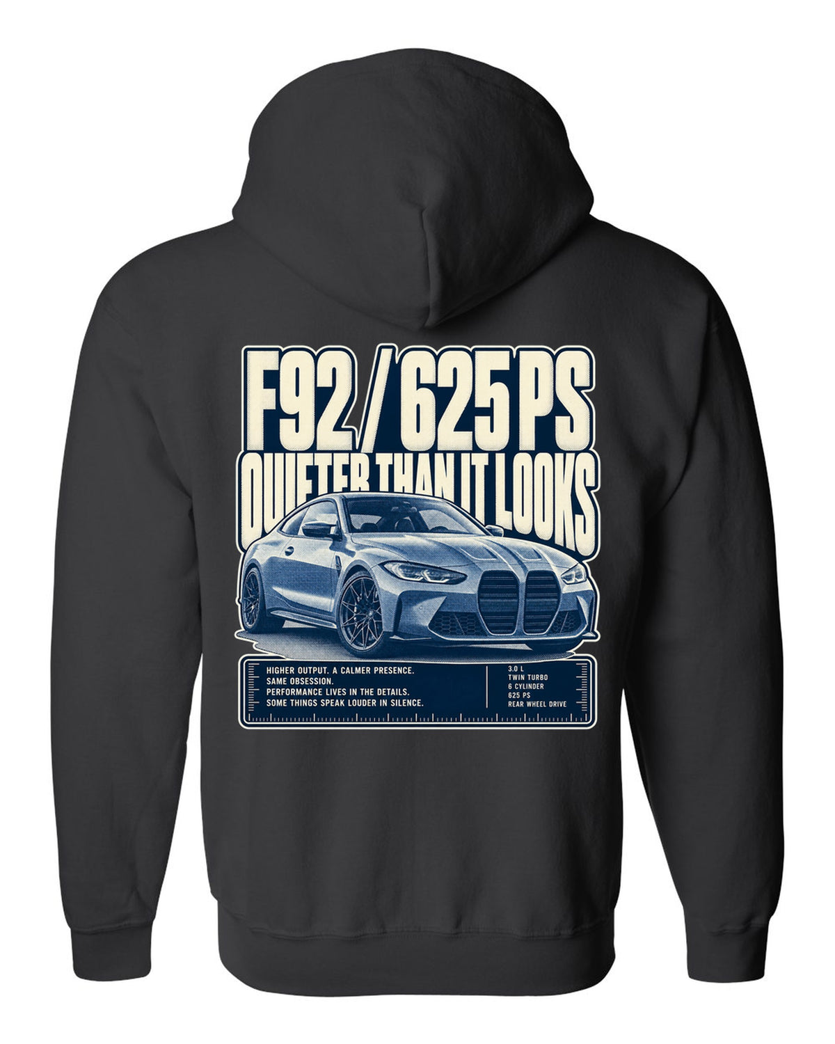 BMW M8 Competition F92 halftone statement print on a tee black zip hoodie back view with the design