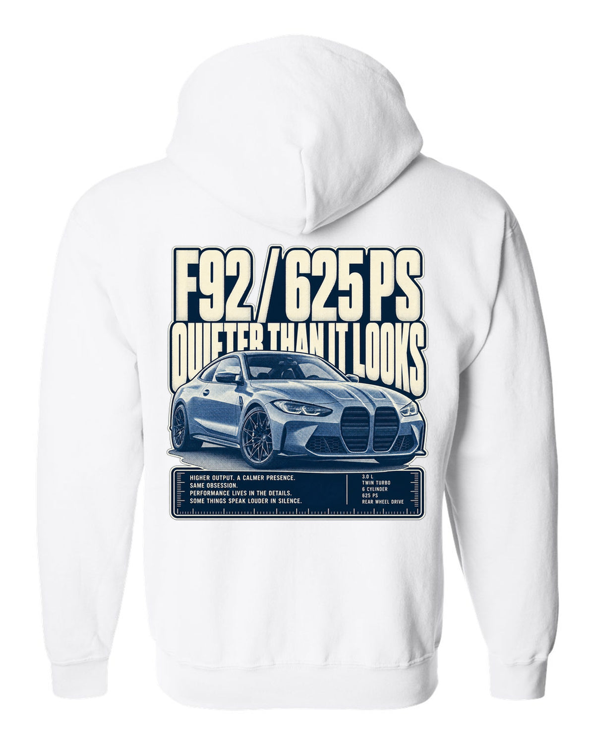 BMW M8 Competition F92 halftone statement print on a tee white zip hoodie back view with the design