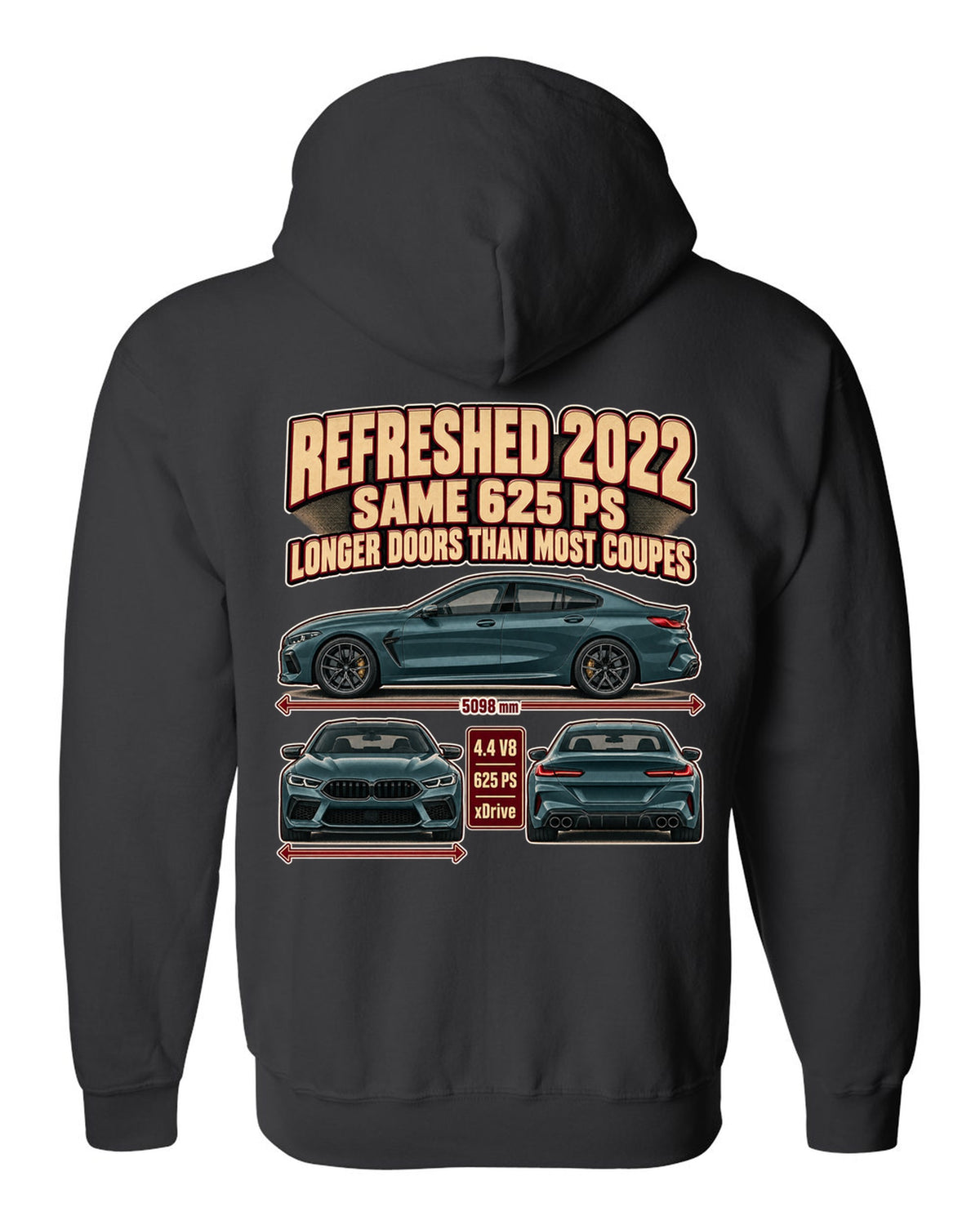 BMW M8 Competition Gran Coupe F93 2022 three-view print on a tee black zip hoodie back view with the design