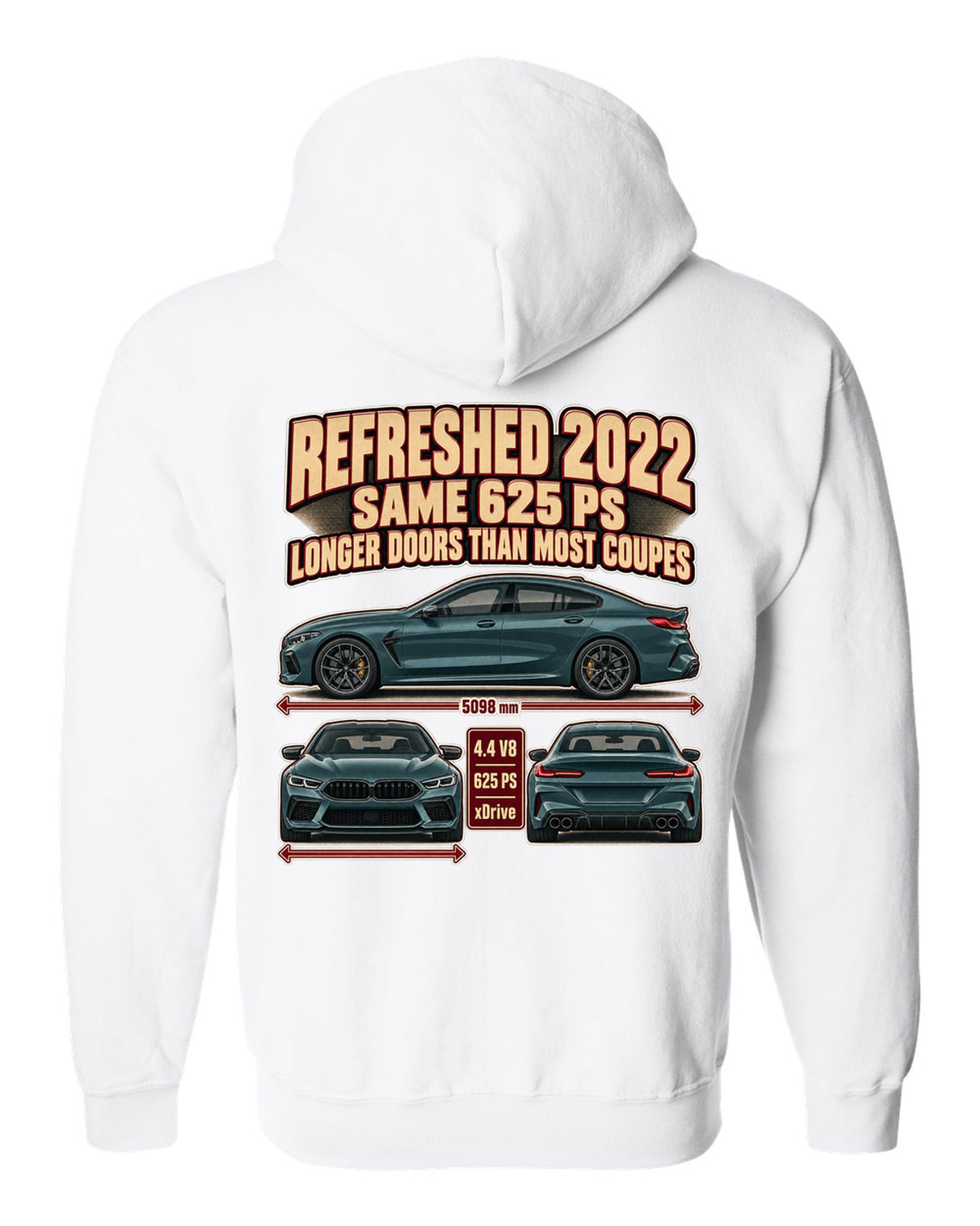 BMW M8 Competition Gran Coupe F93 2022 three-view print on a tee white zip hoodie back view with the design