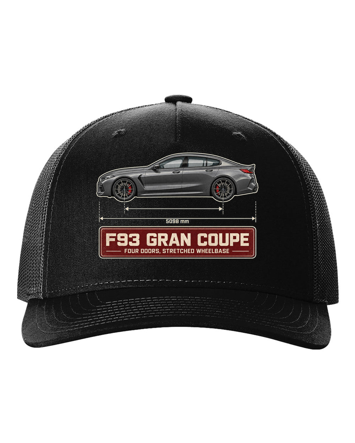 BMW M8 Competition Gran Coupe F93 blueprint print on a tee black hat front view with the design