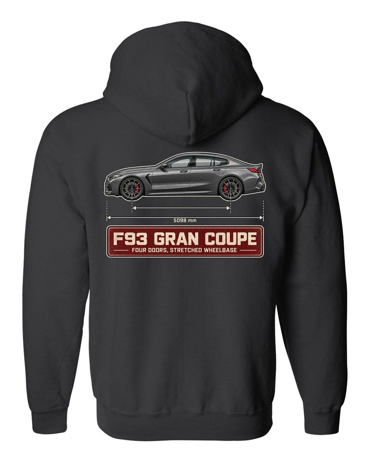 BMW M8 Competition Gran Coupe F93 blueprint print on a tee black zip hoodie back view with the design