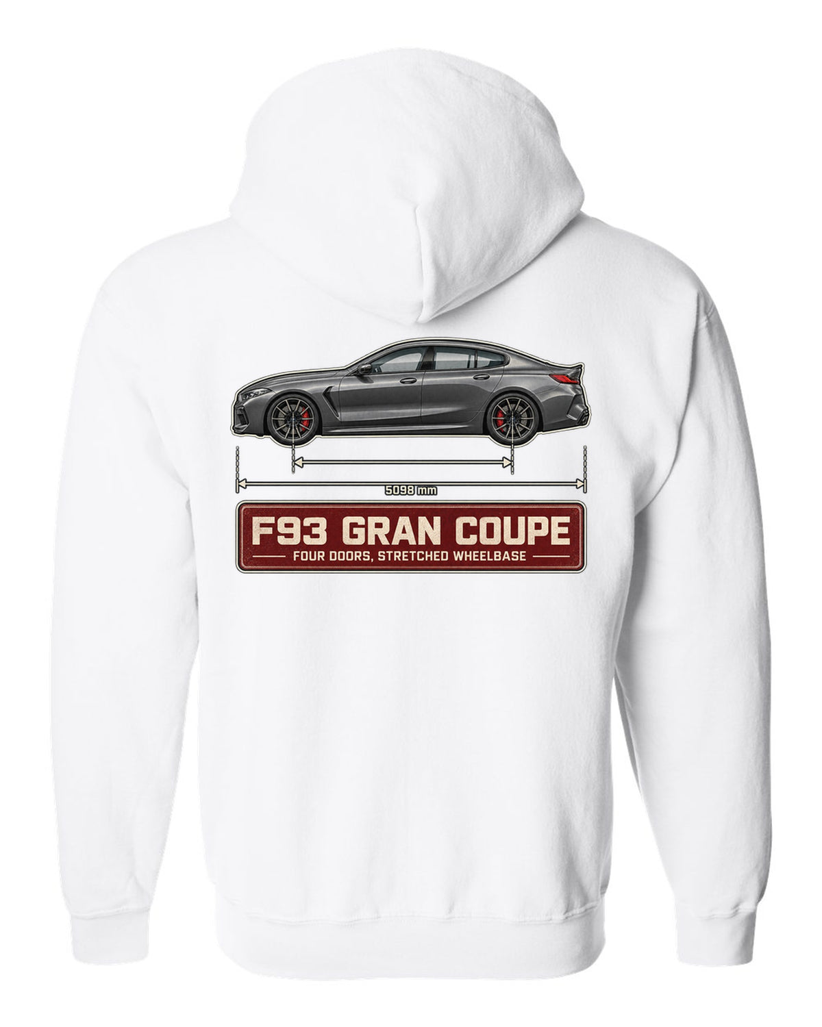 BMW M8 Competition Gran Coupe F93 blueprint print on a tee white zip hoodie back view with the design