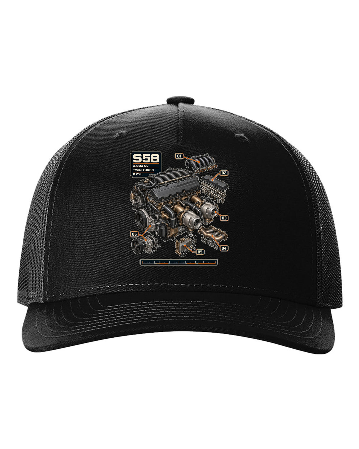 BMW S58 twin-turbo inline-six engine print with 2,993 cc text black hat front view with the design