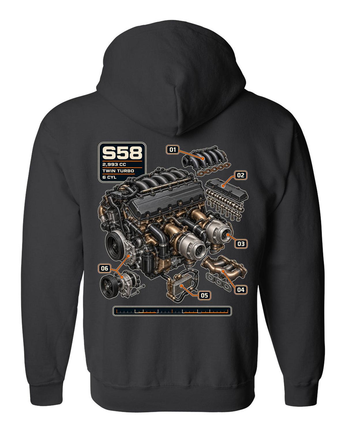 BMW S58 twin-turbo inline-six engine print with 2,993 cc text black zip hoodie back view with the design