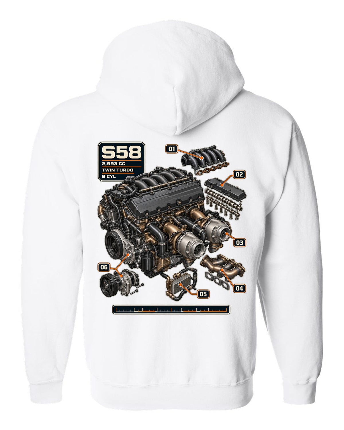 BMW S58 twin-turbo inline-six engine print with 2,993 cc text white zip hoodie back view with the design