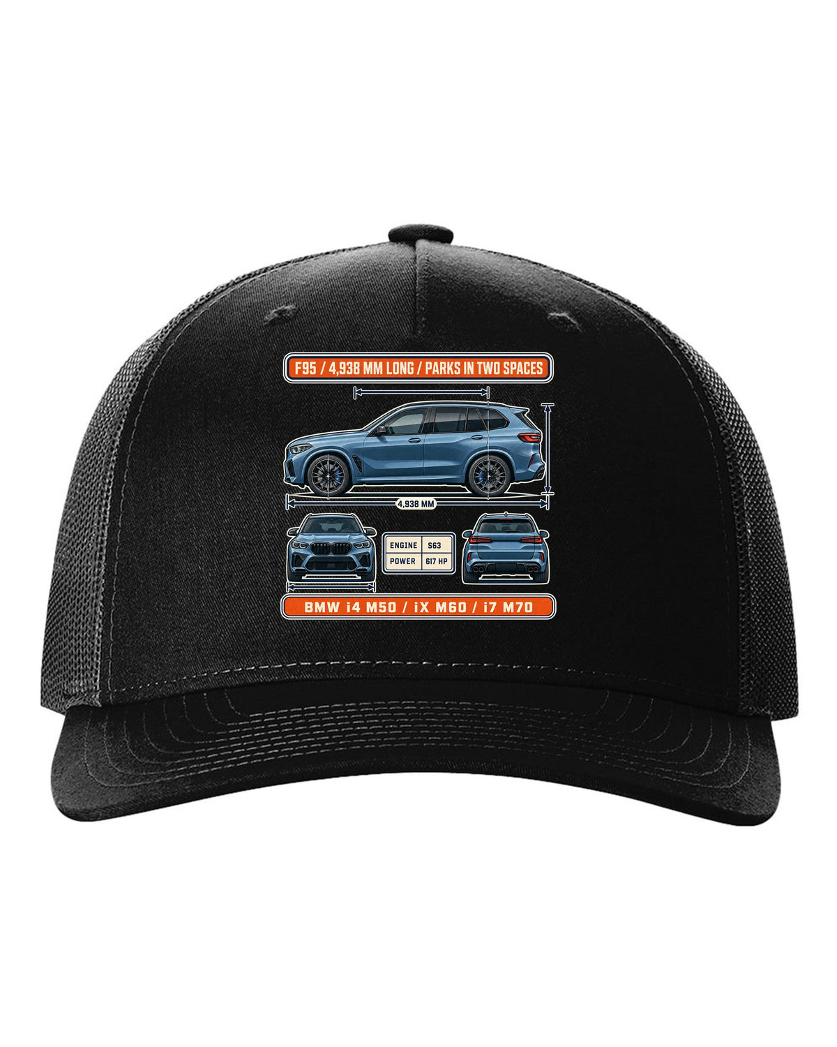 Dimension blueprint print of the BMW X5 M Competition F95 with 4,938 mm length black hat front view with the design