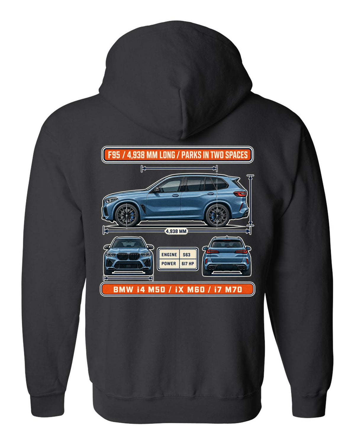 Dimension blueprint print of the BMW X5 M Competition F95 with 4,938 mm length black zip hoodie back view with the design