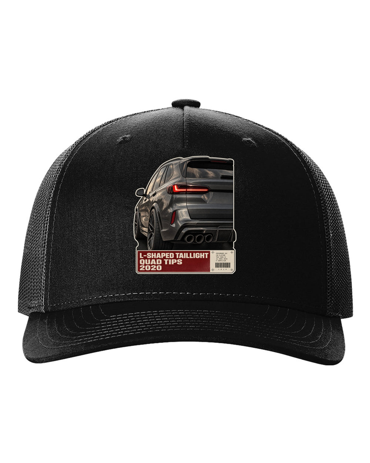 Macro print of the L-shaped taillight and quad tips on a BMW X5 M Competition F95 black hat front view with the design