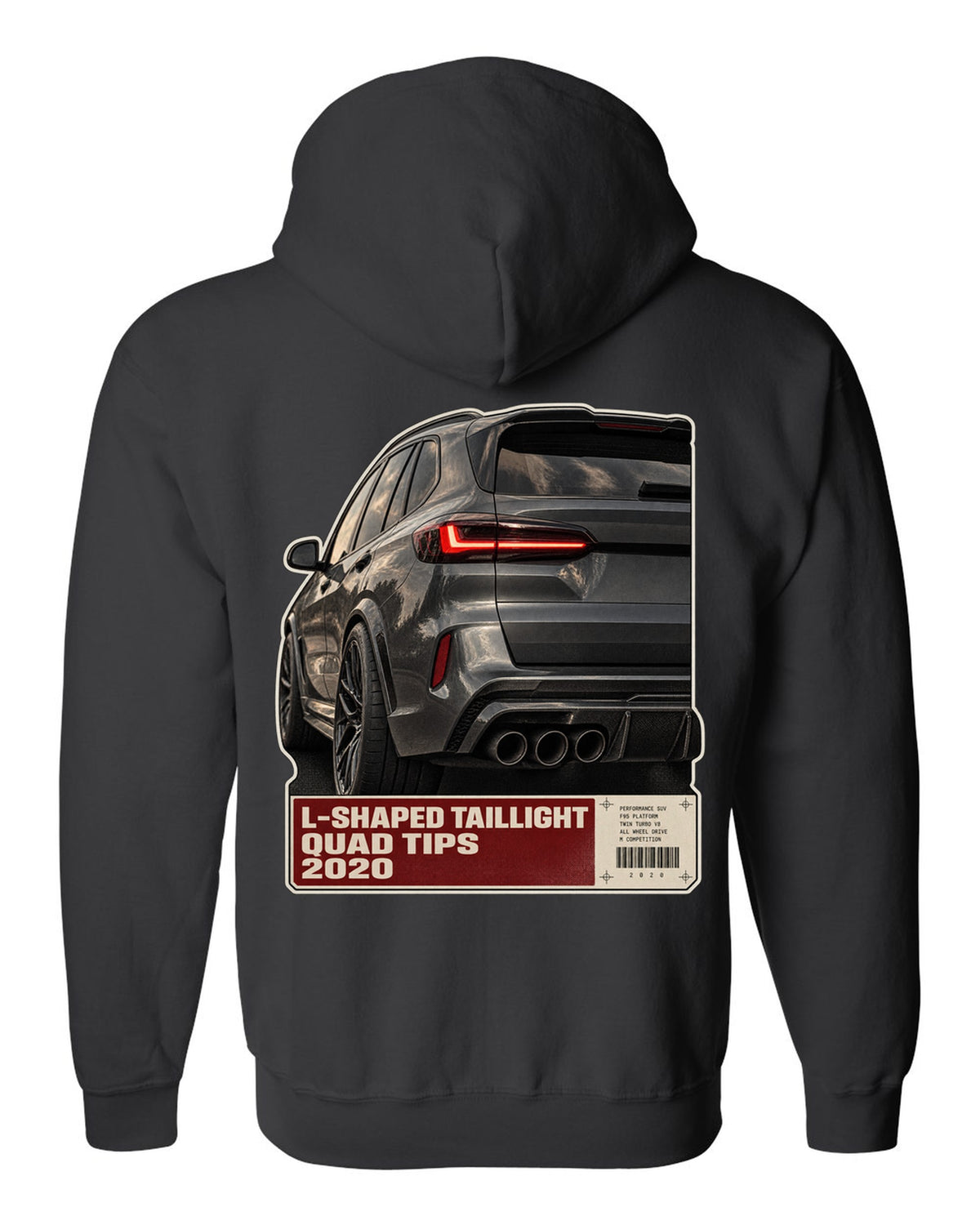 Macro print of the L-shaped taillight and quad tips on a BMW X5 M Competition F95 black zip hoodie back view with the design