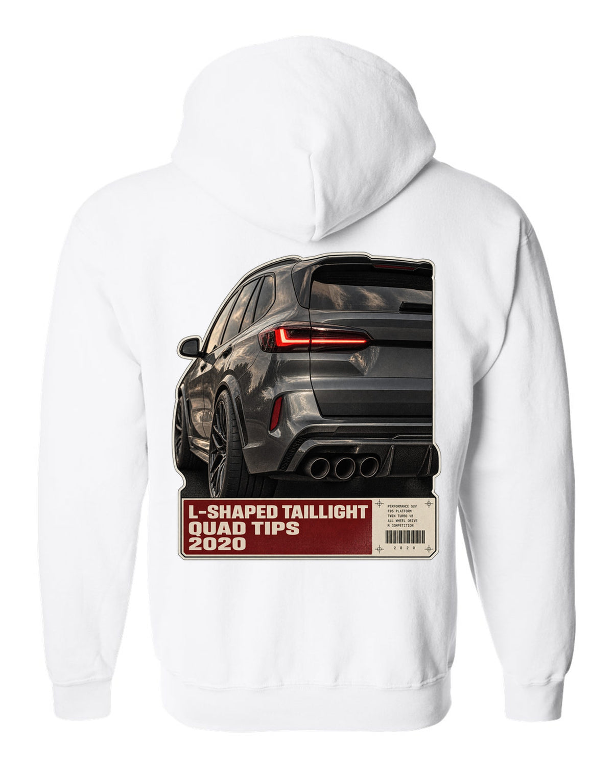 Macro print of the L-shaped taillight and quad tips on a BMW X5 M Competition F95 white zip hoodie back view with the design
