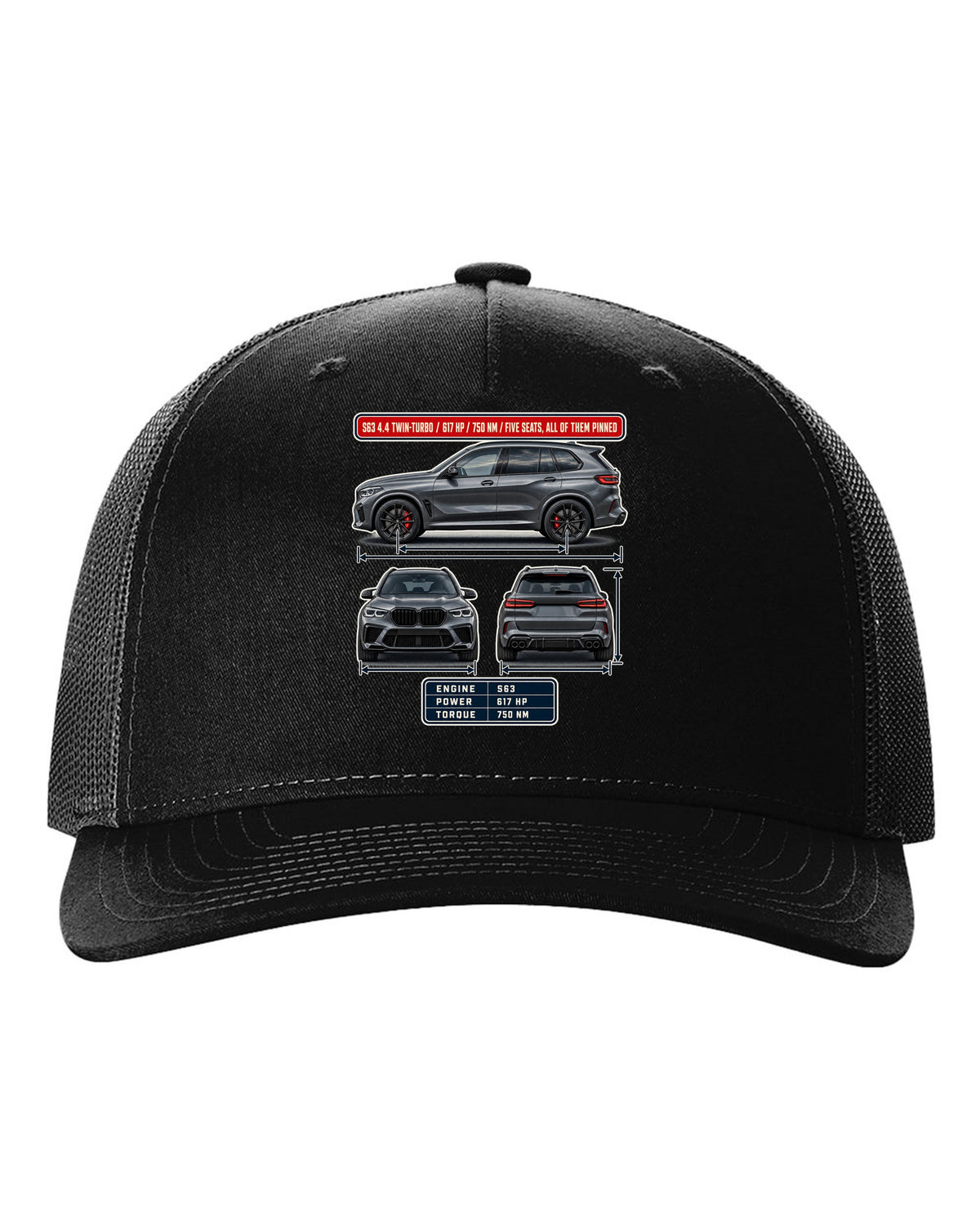 BMW X5 M Competition F95 three-view spec table print on a tee black hat front view with the design