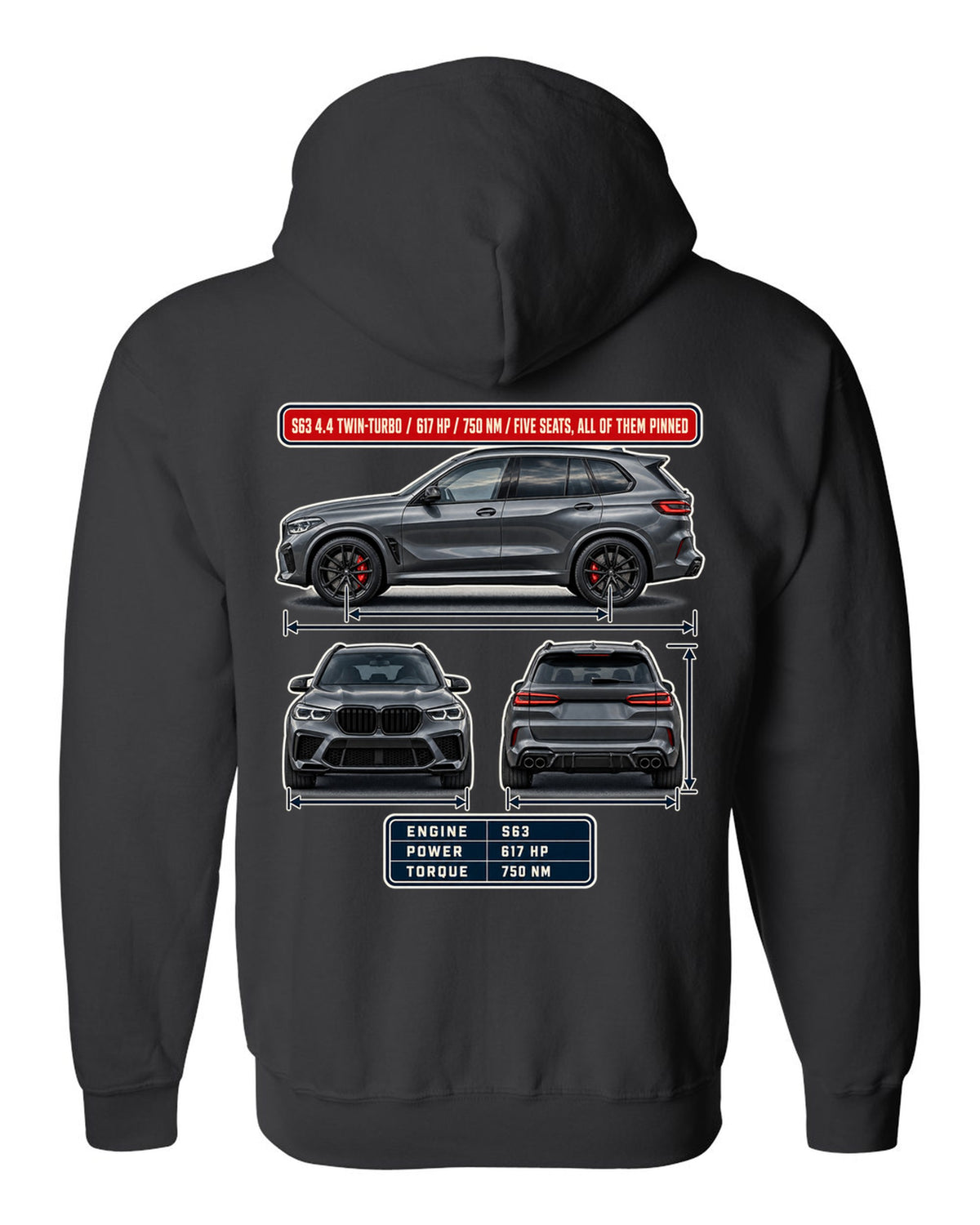 BMW X5 M Competition F95 three-view spec table print on a tee black zip hoodie back view with the design