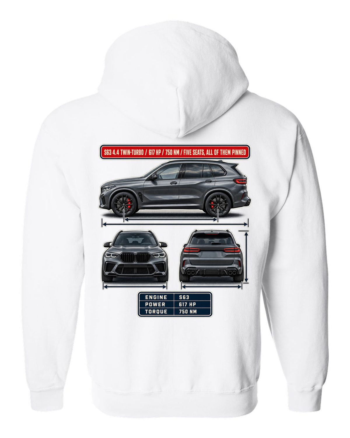 BMW X5 M Competition F95 three-view spec table print on a tee white zip hoodie back view with the design