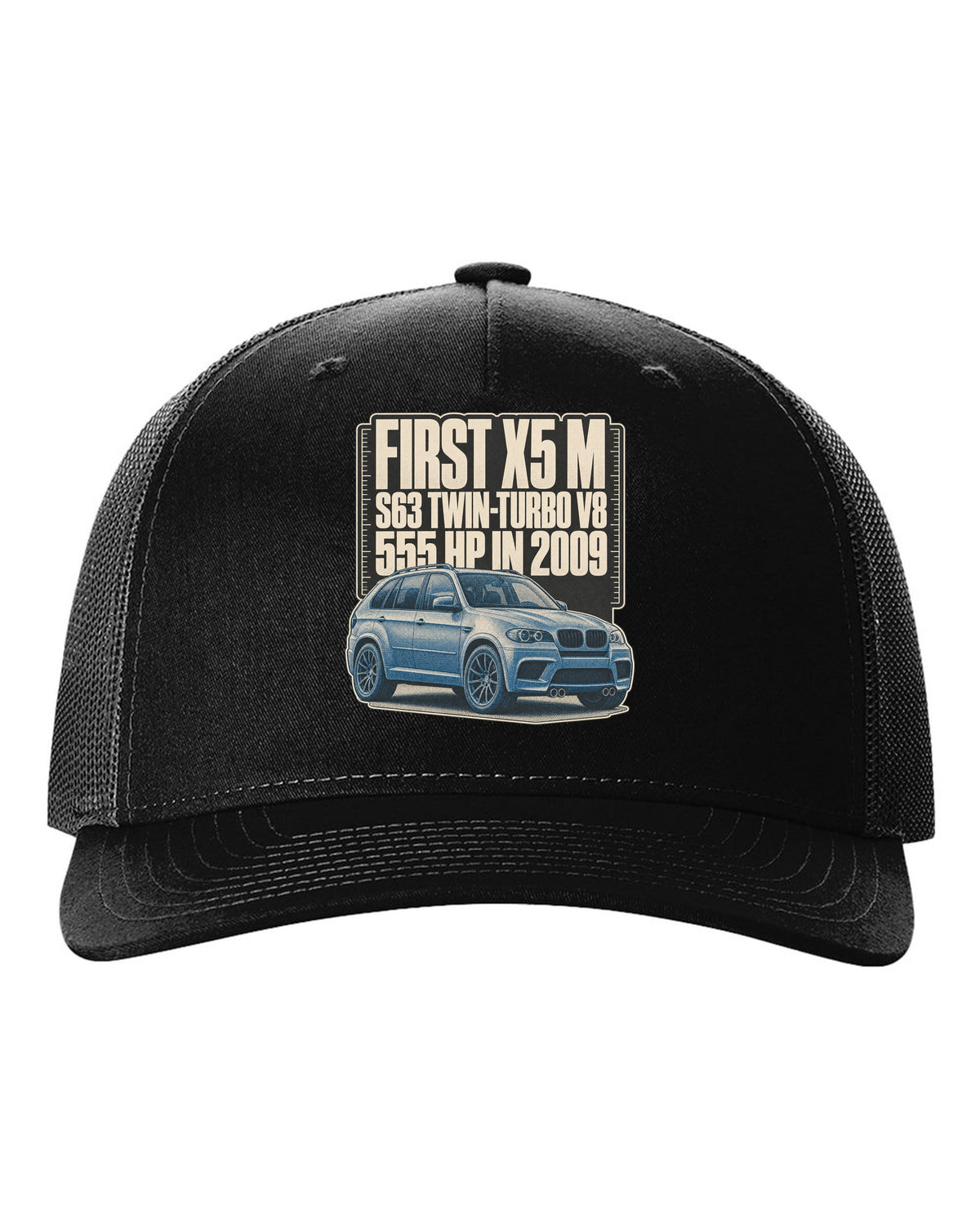 BMW X5 M E70 halftone print on a tee black hat front view with the design
