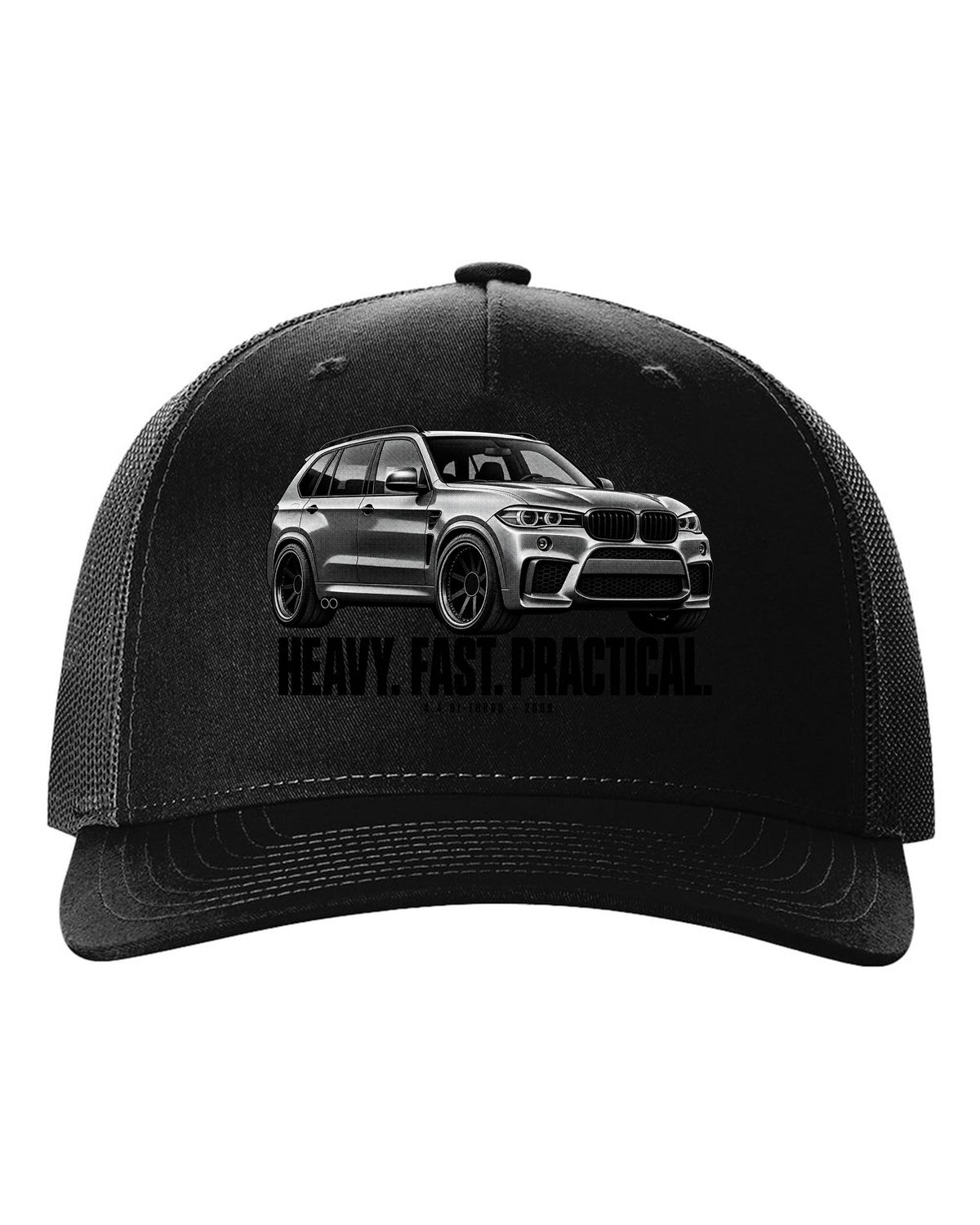 BMW X5 M E70 halftone print with heavy fast practical text and 4.4 bi-turbo black hat front view with the design