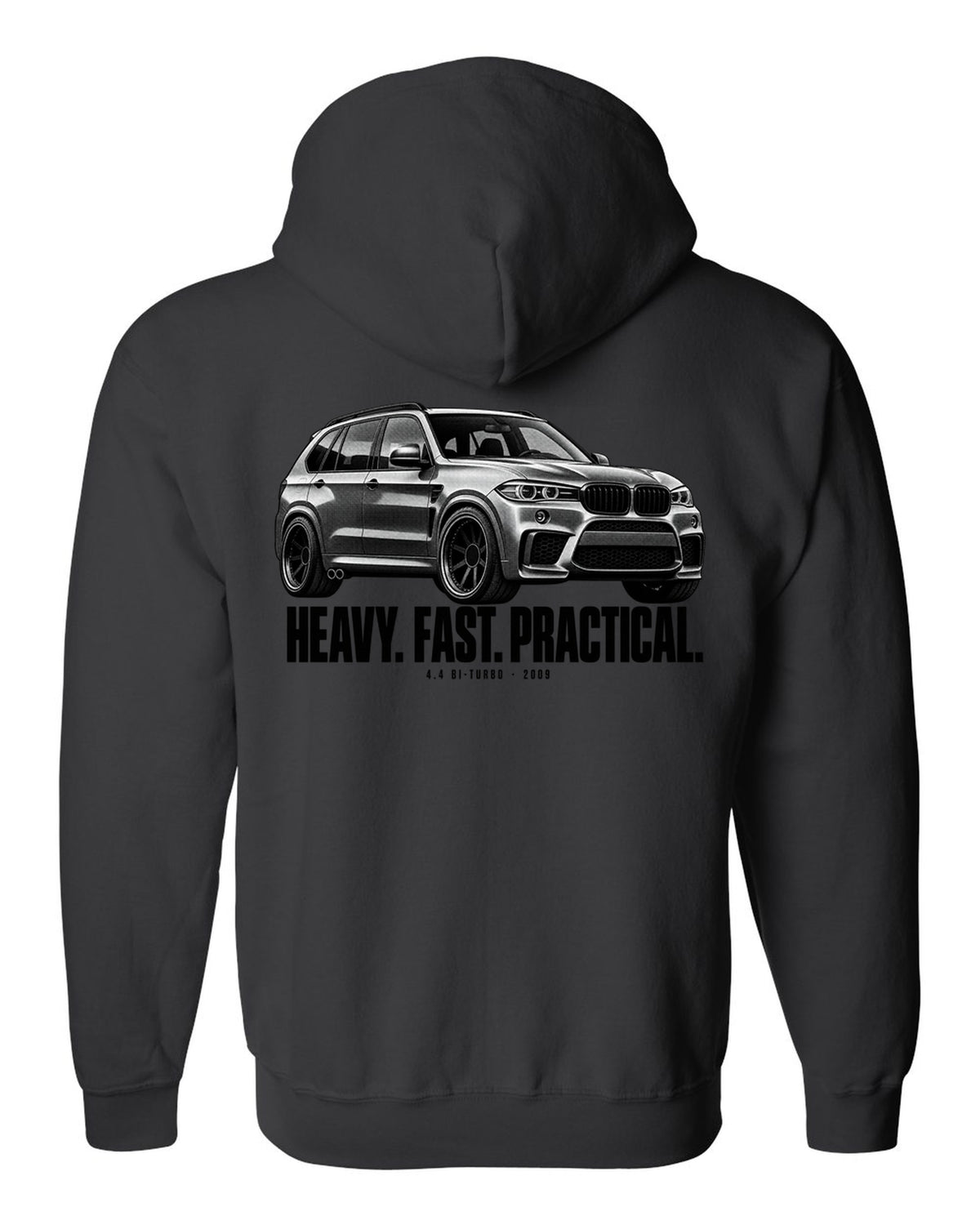 BMW X5 M E70 halftone print with heavy fast practical text and 4.4 bi-turbo black zip hoodie back view with the design