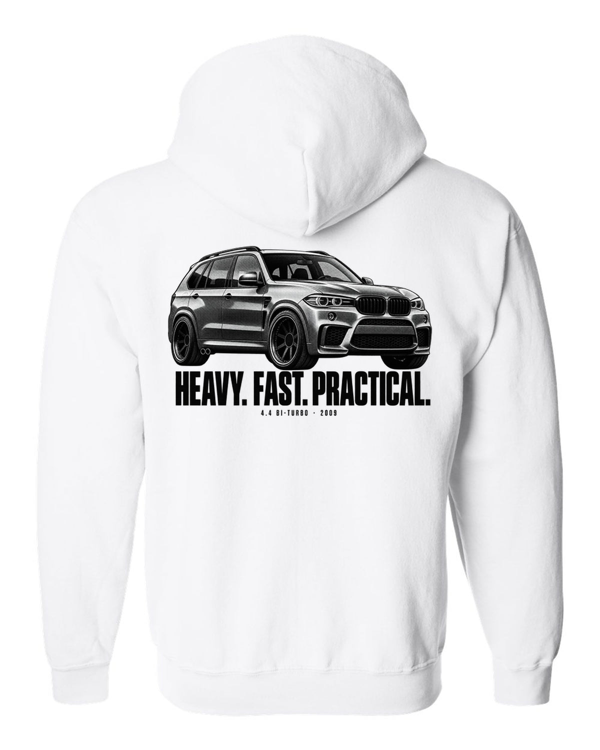 BMW X5 M E70 halftone print with heavy fast practical text and 4.4 bi-turbo white zip hoodie back view with the design