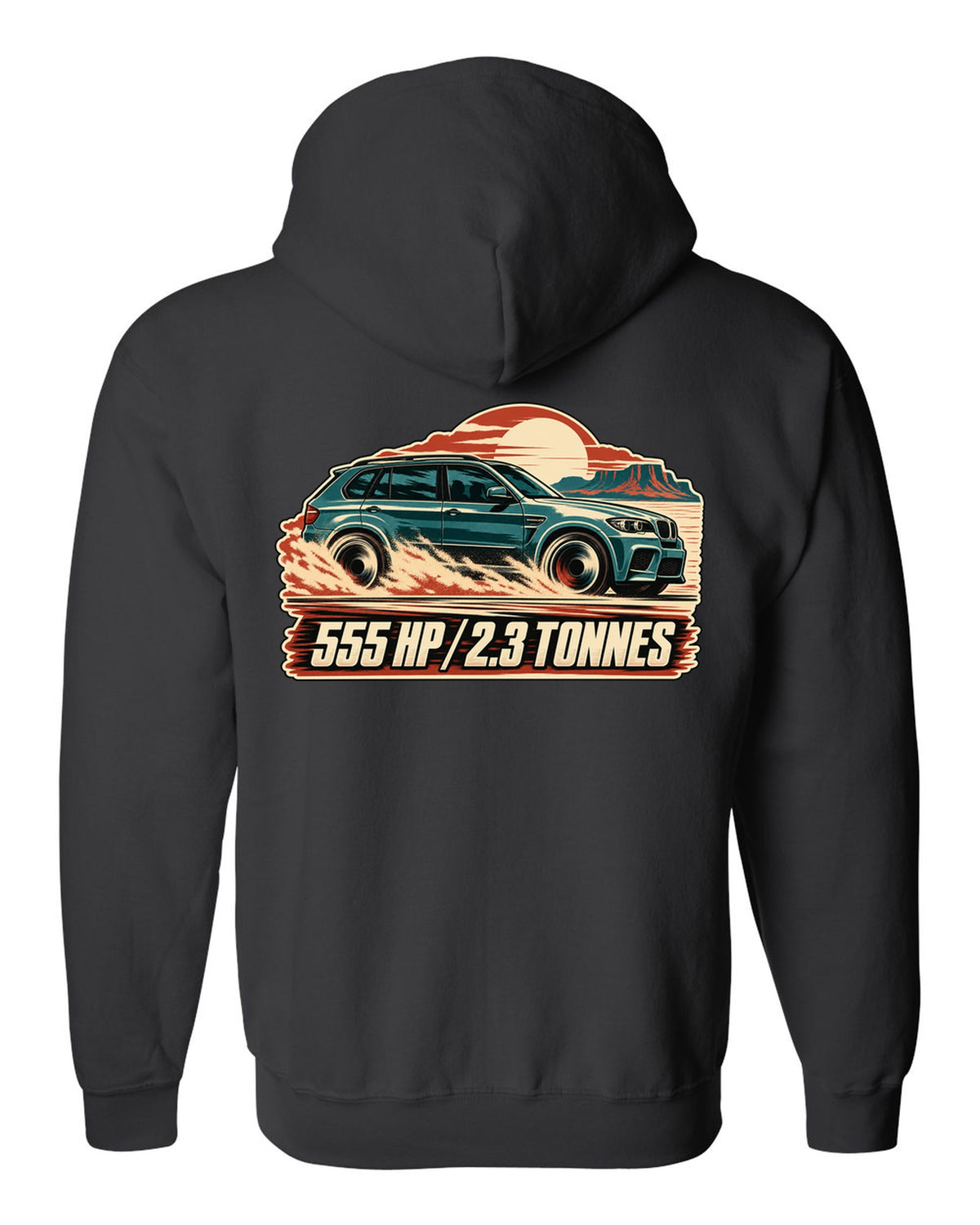 Vintage race poster print of a BMW X5 M E70 with 555 HP lettering black zip hoodie back view with the design