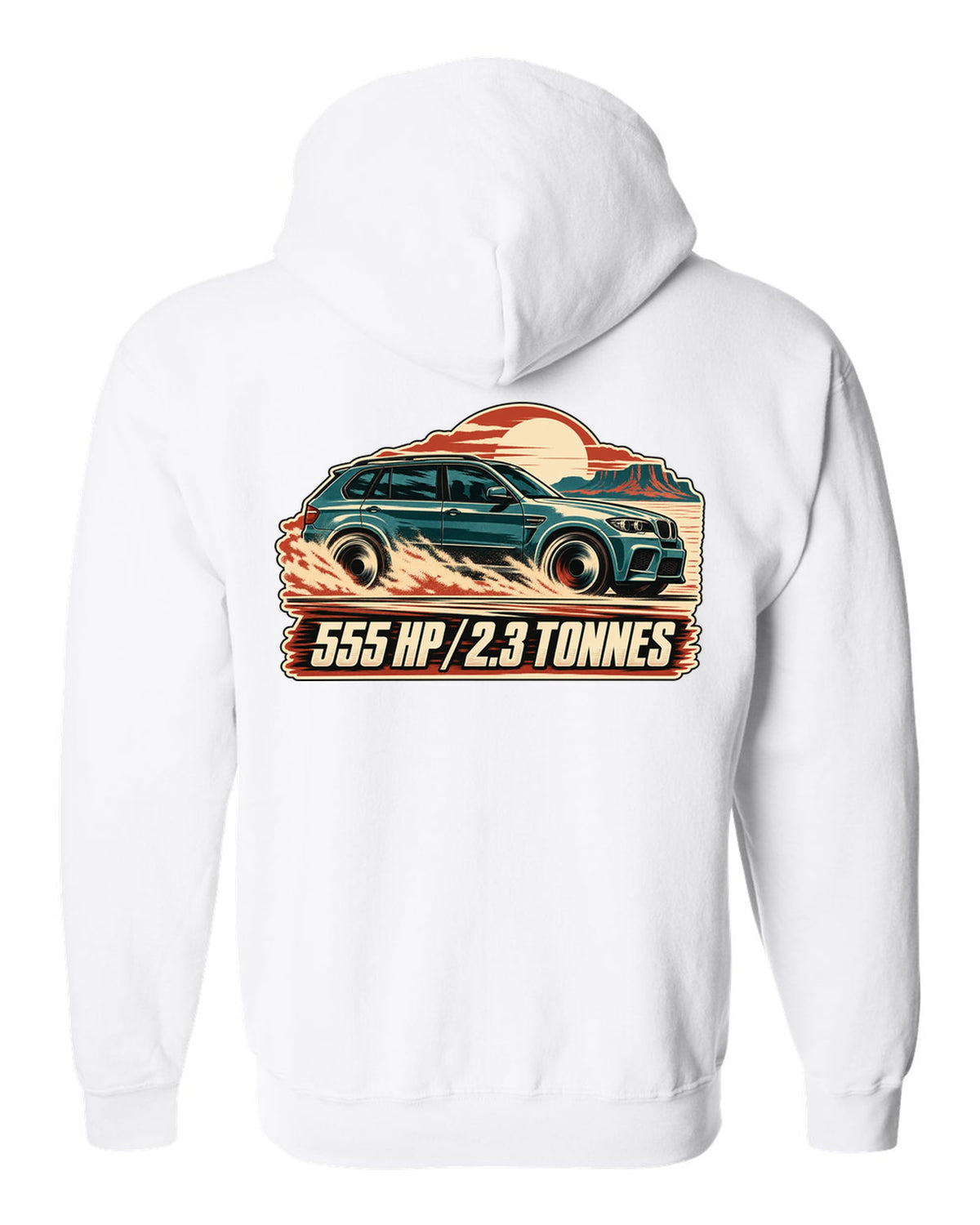 Vintage race poster print of a BMW X5 M E70 with 555 HP lettering white zip hoodie back view with the design