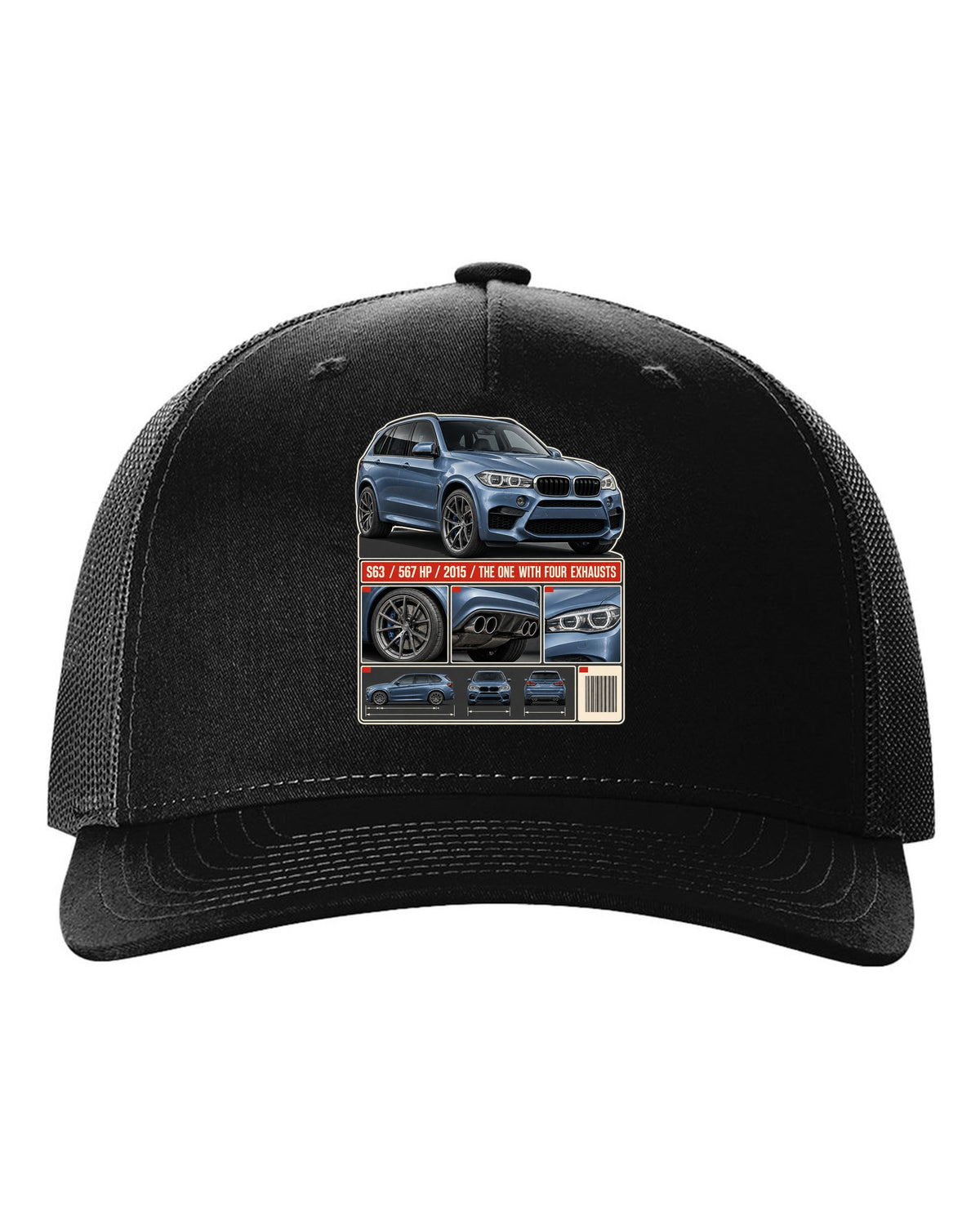 BMW X5 M F85 dossier panels print on a tee black hat front view with the design