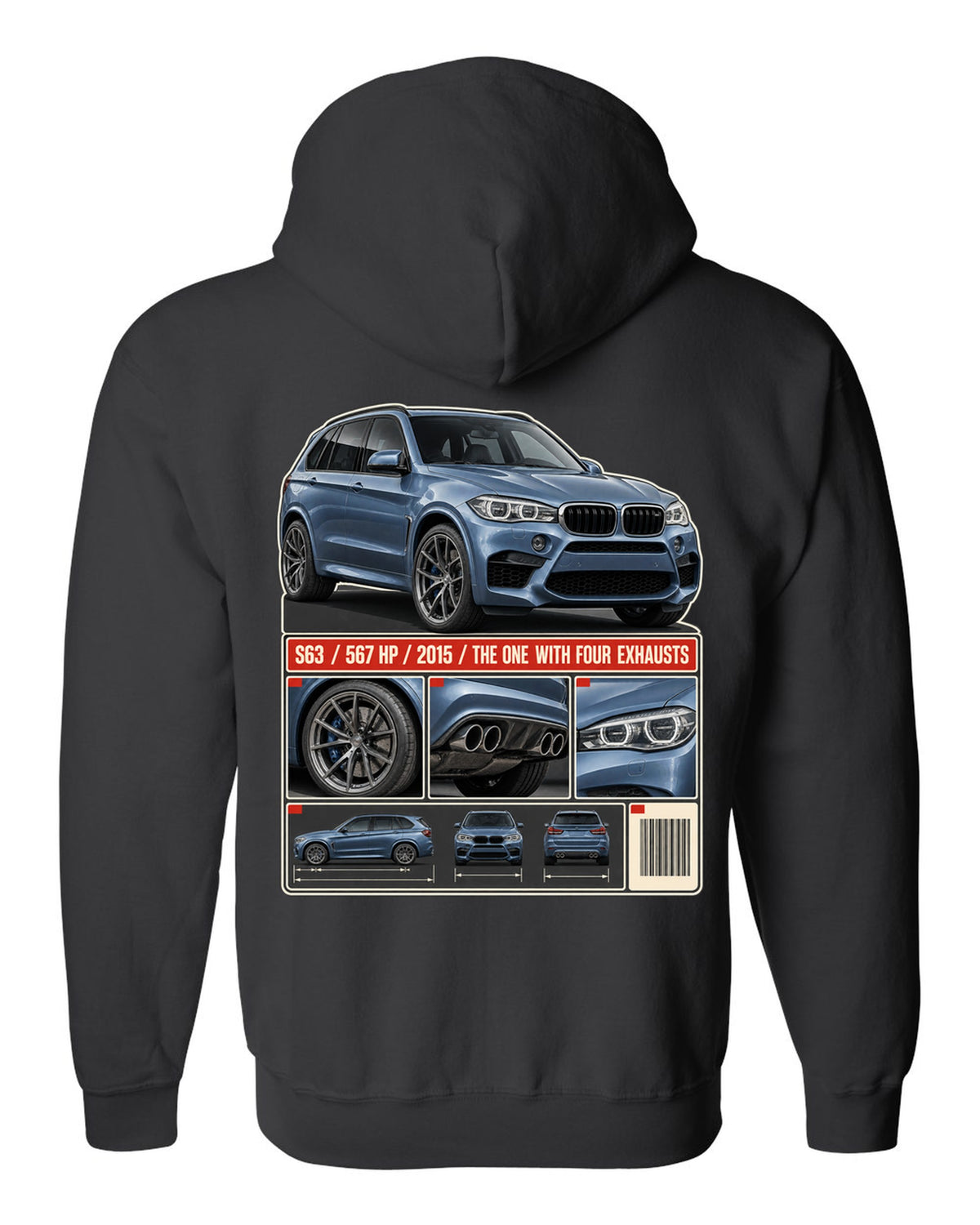 BMW X5 M F85 dossier panels print on a tee black zip hoodie back view with the design