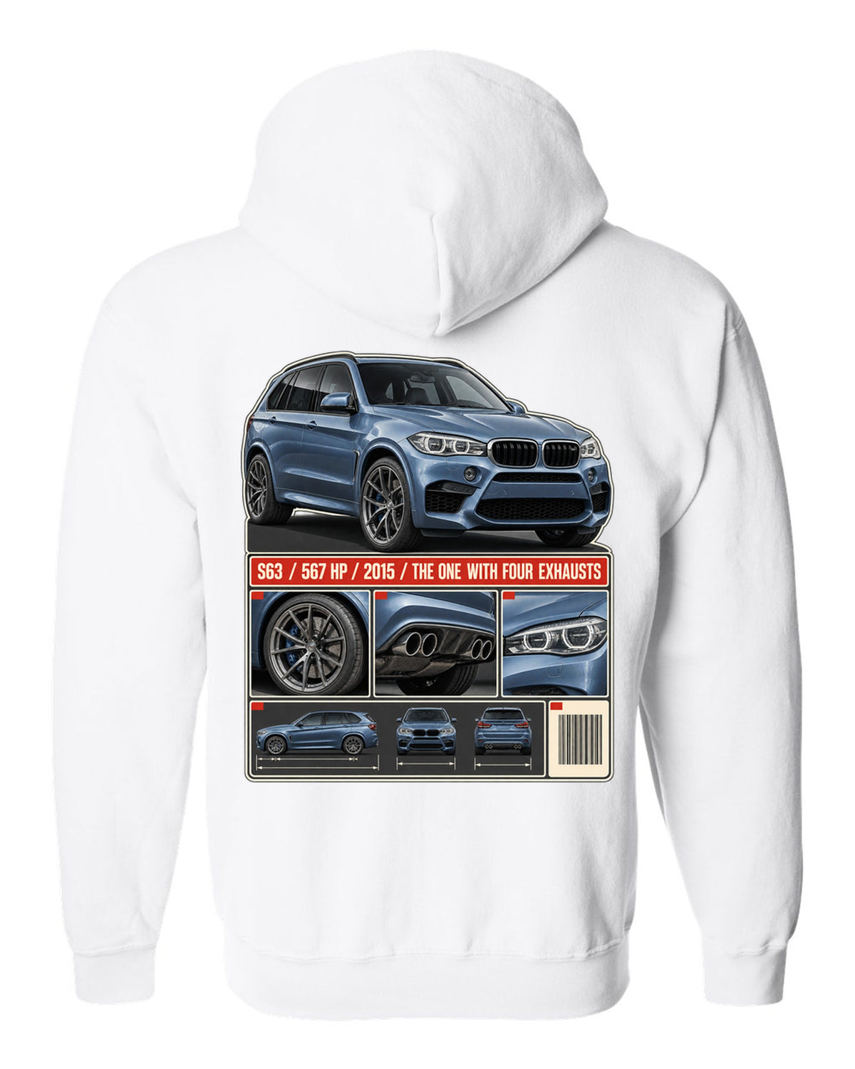 BMW X5 M F85 dossier panels print on a tee white zip hoodie back view with the design