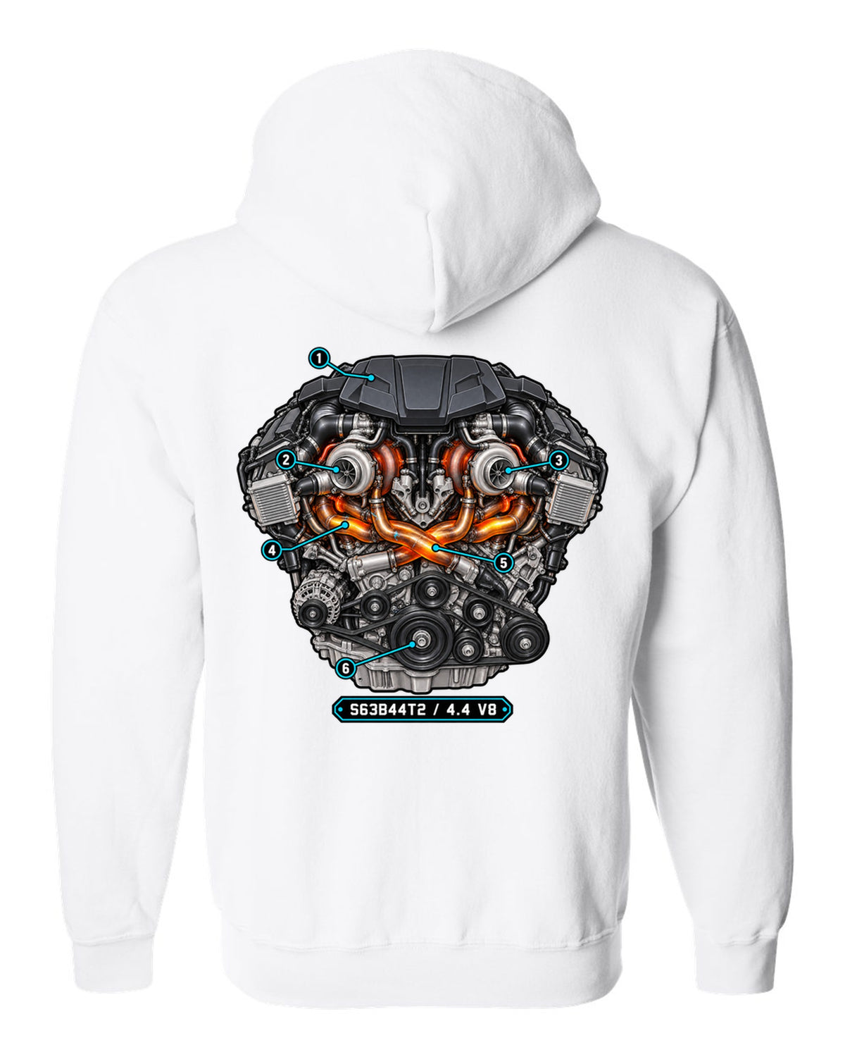 Exploded cutaway engine print of the BMW S63 4.4 V8 from the X5 M F85 white zip hoodie back view with the design
