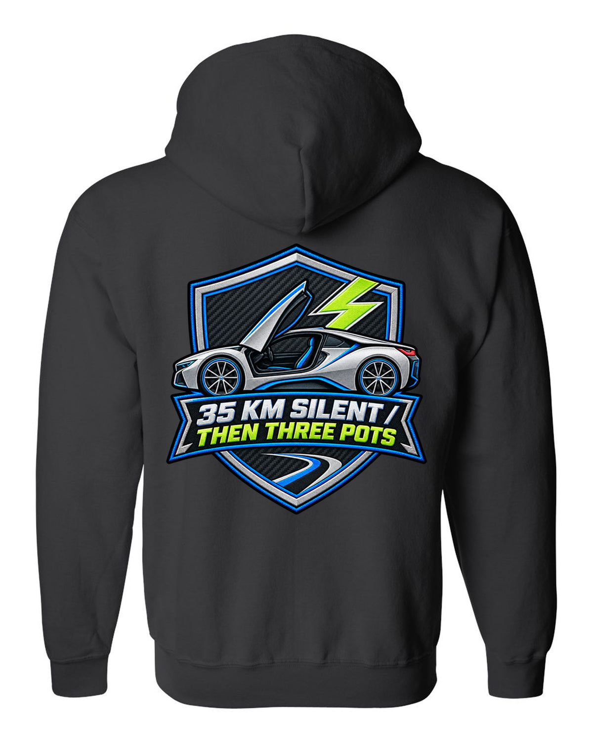 Stencil spray-paint print of BMW X5 M F85 quad exhaust pipes black zip hoodie back view with the design